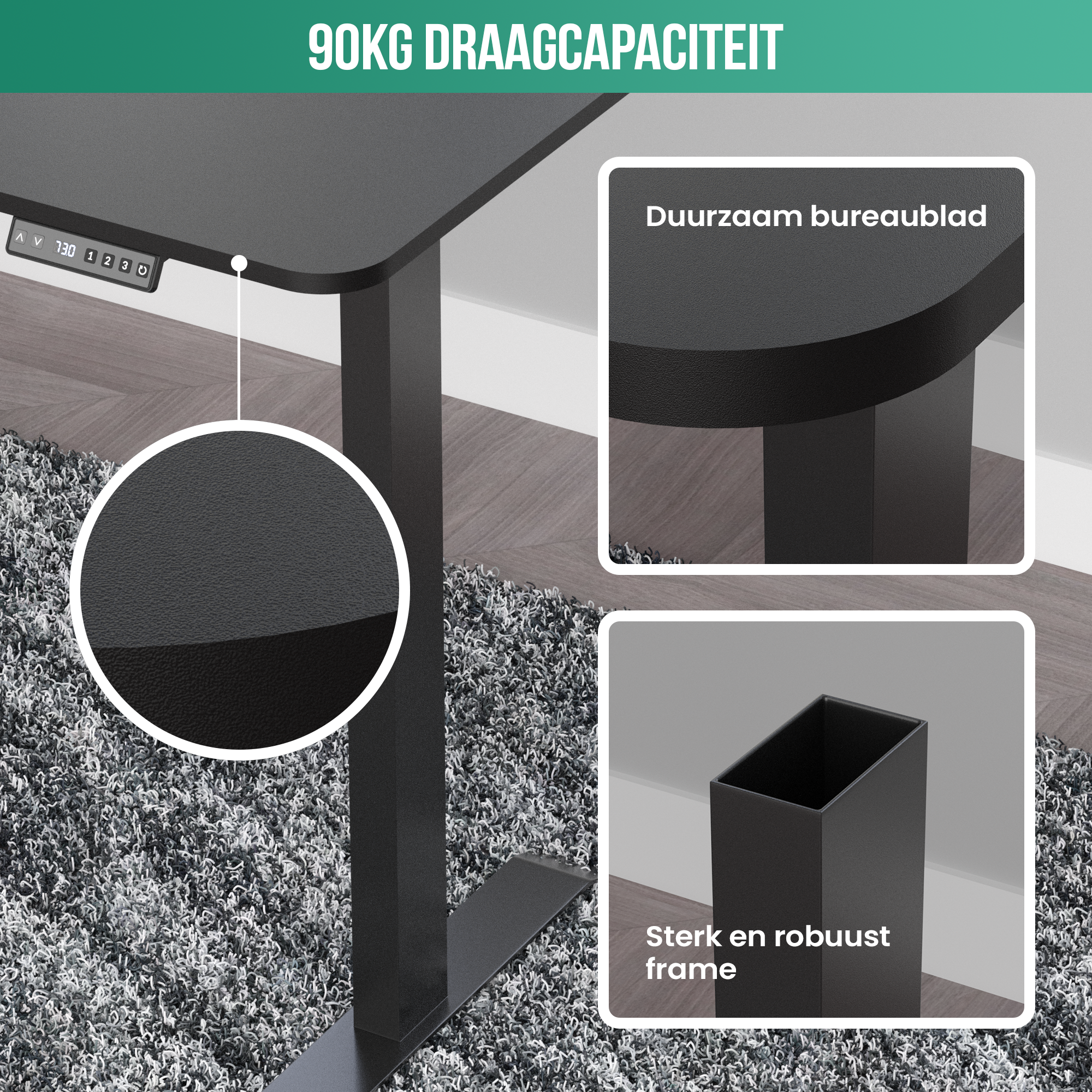 Bureau noir avec pieds noirs. Texte : Capacité de charge 90KG, dessus durable, cadre solide.
