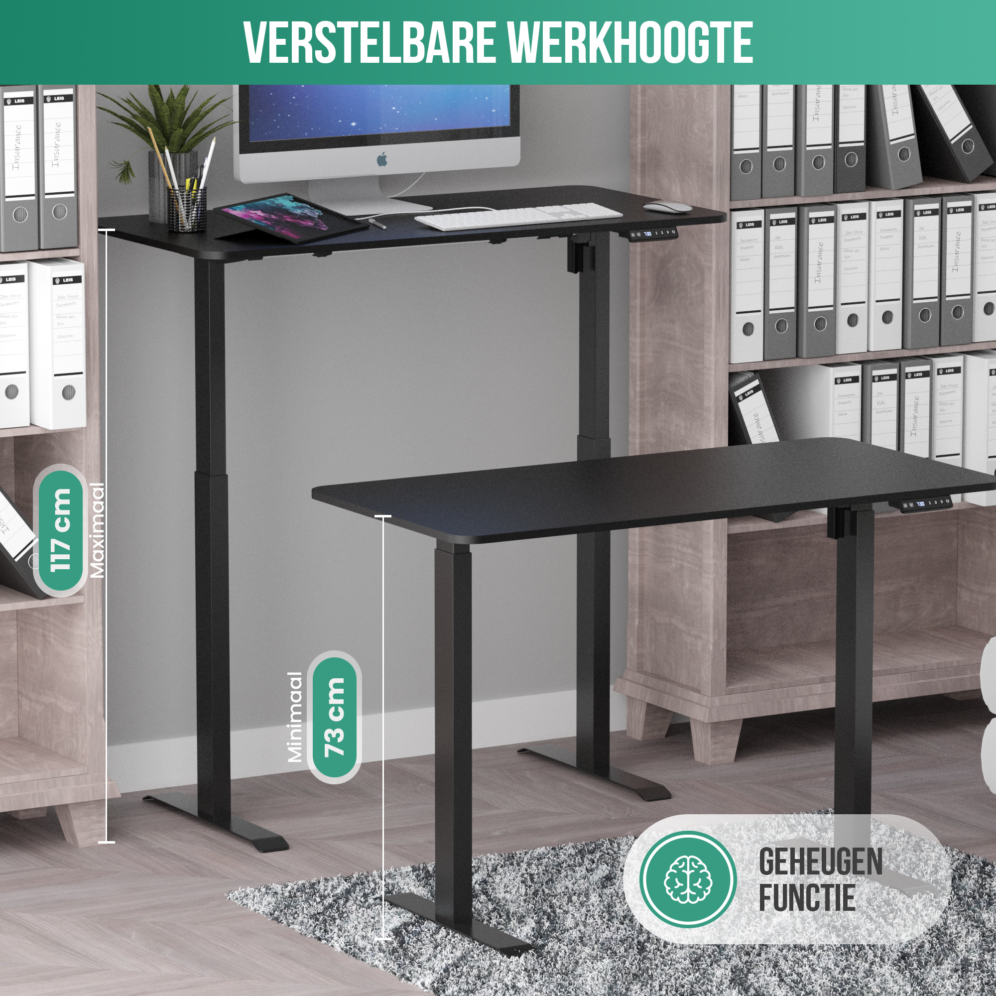 Deux bureaux noirs à hauteur réglable. L'un est relevé, l'autre abaissé. Une armoire et un tapis en arrière-plan.