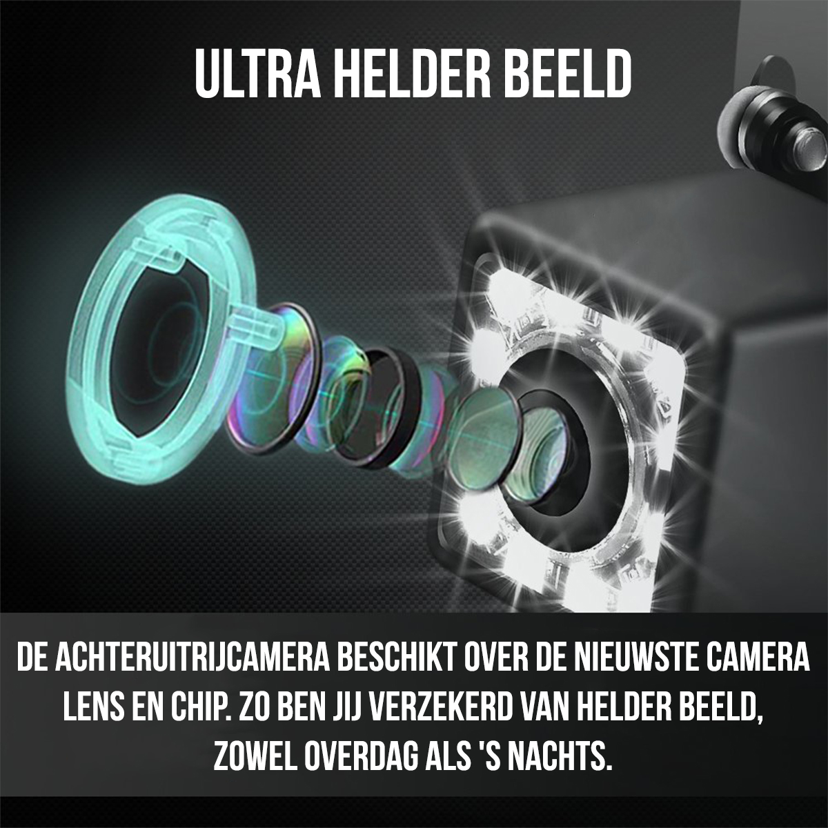 Gros plan sur un objectif d'appareil photo avec des lumières vives et le texte : 'ULTRA HELDER BEELD'.