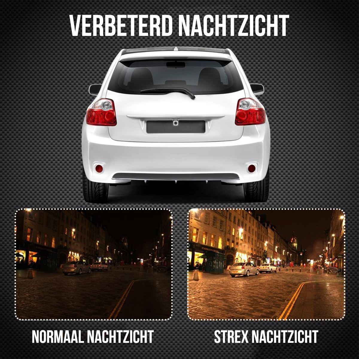 Arrière d'une voiture blanche avec des comparaisons de vision nocturne normale et améliorée.