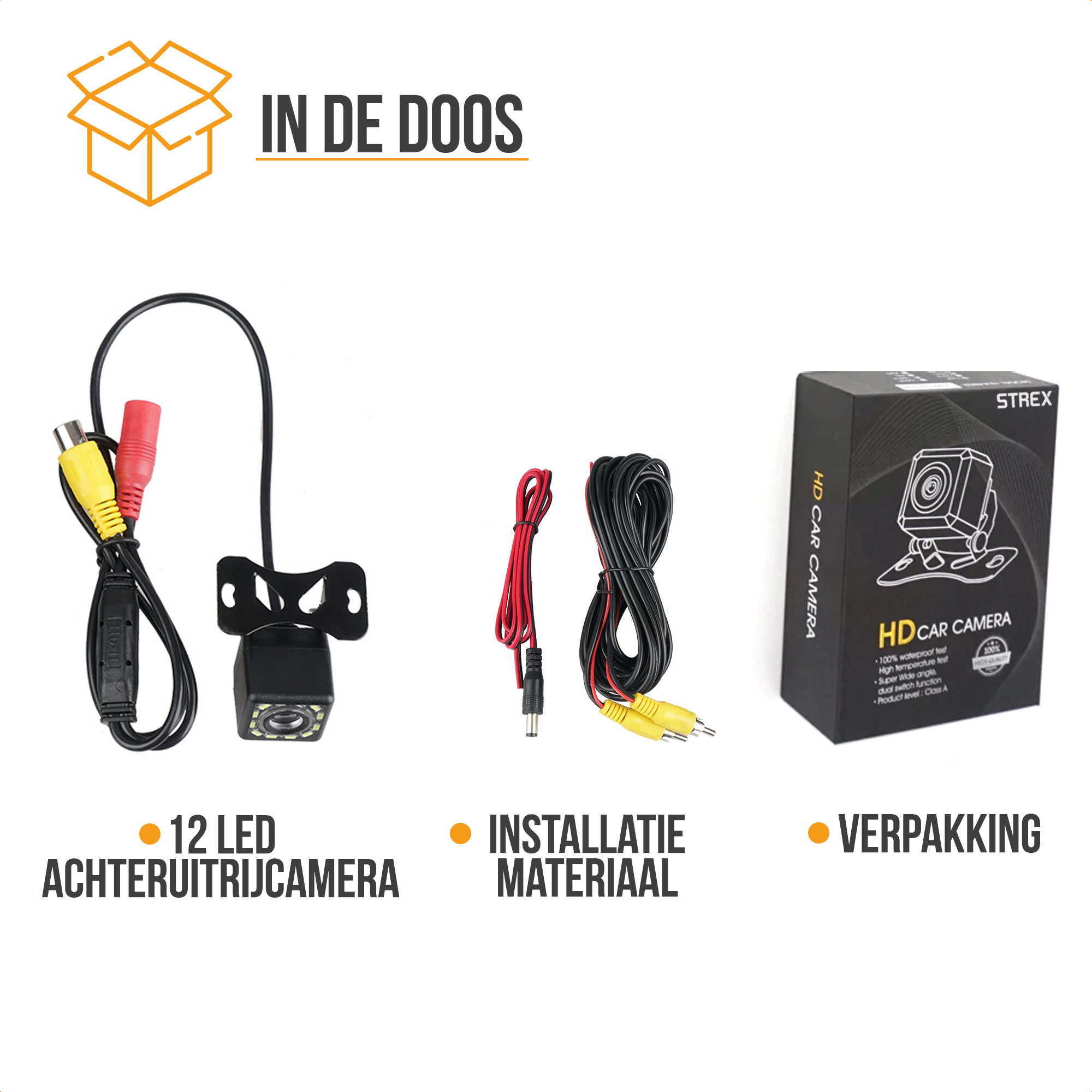 Un kit de caméra de voiture avec composants inclus. Inclut une caméra, des câbles et une boîte noire.