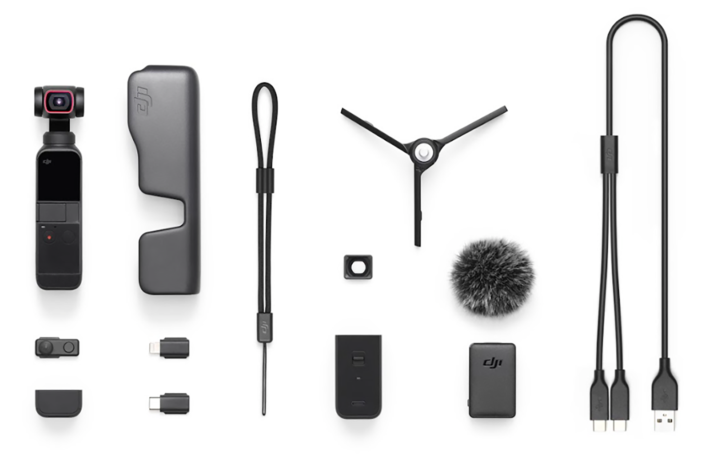 DJI Pocket 2 Kit, schwarze Kamera, Hülle, Mikrofon, Kabel und Zubehör.