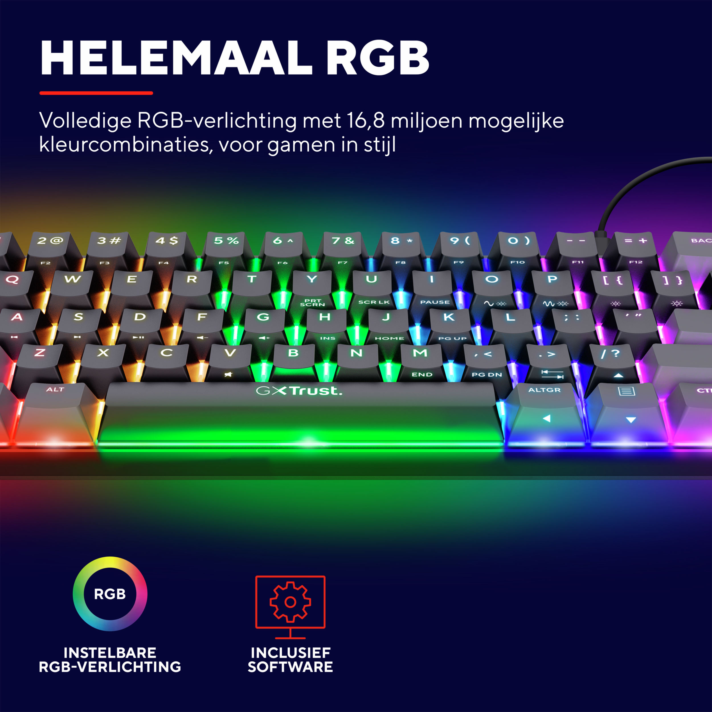 Klawiatura RGB z kolorowymi klawiszami i białym tekstem, z logo i informacjami o oprogramowaniu.