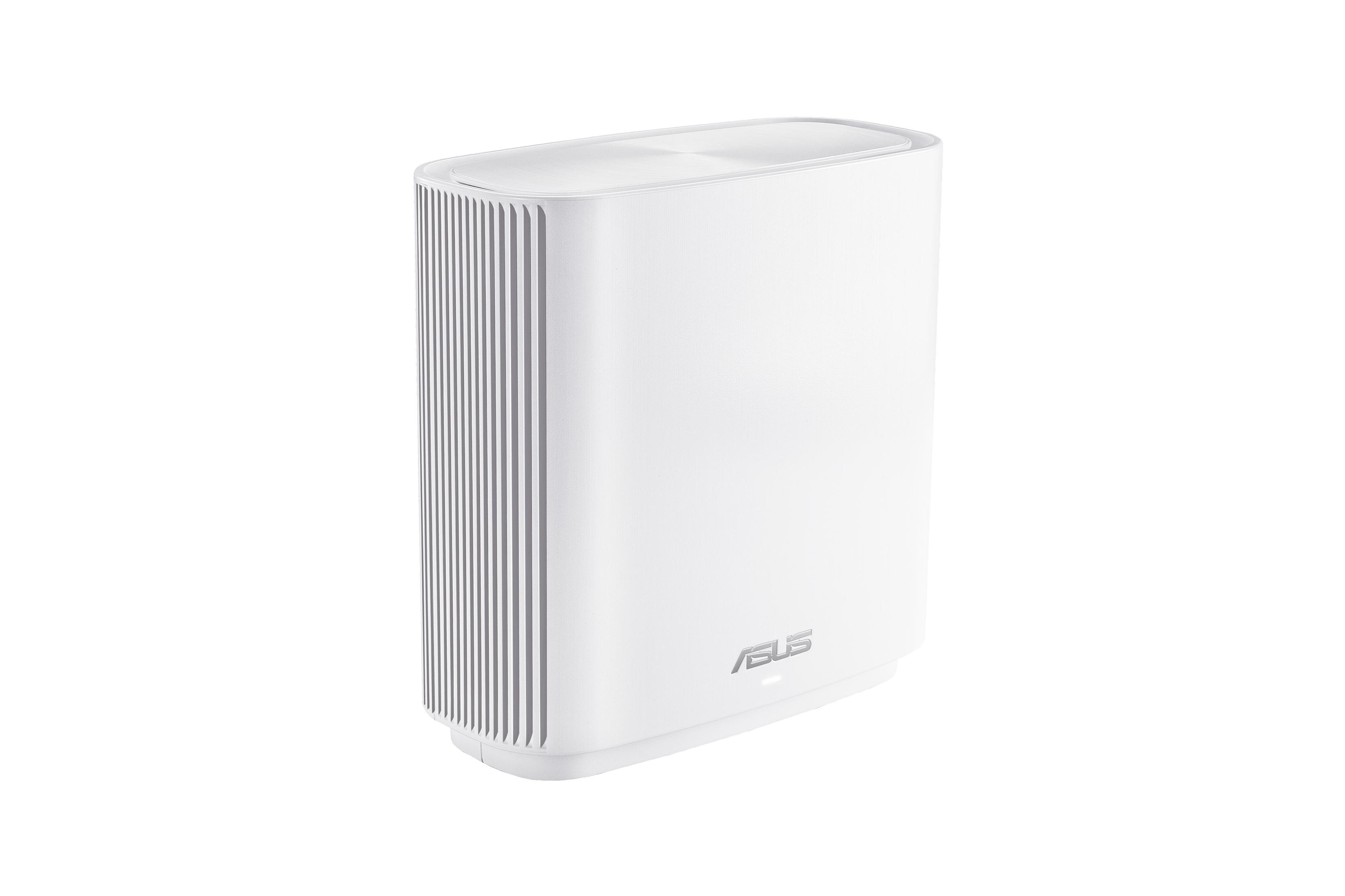 Router ASUS blanco. Tiene un diseño curvo con ranuras verticales.