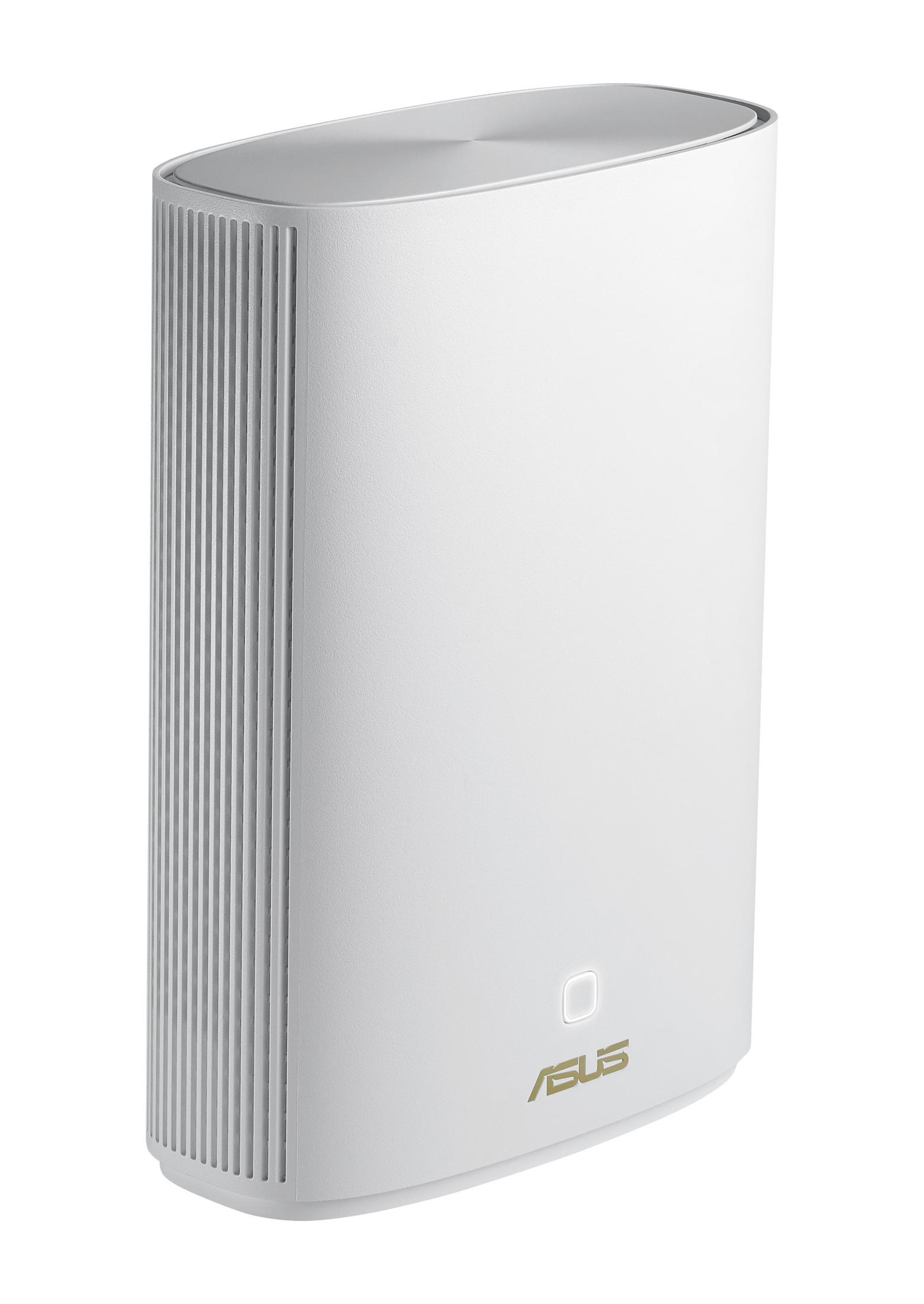 Weißer, rechteckiger Router mit vertikalen Linien an der Seite. ASUS-Logo unten.