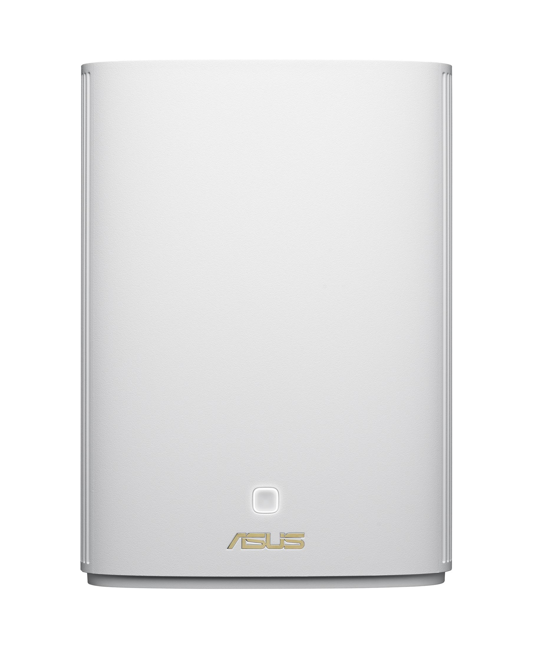 Weißer ASUS-Router mit Ein-/Aus-Taste und ASUS-Logo auf der Vorderseite.