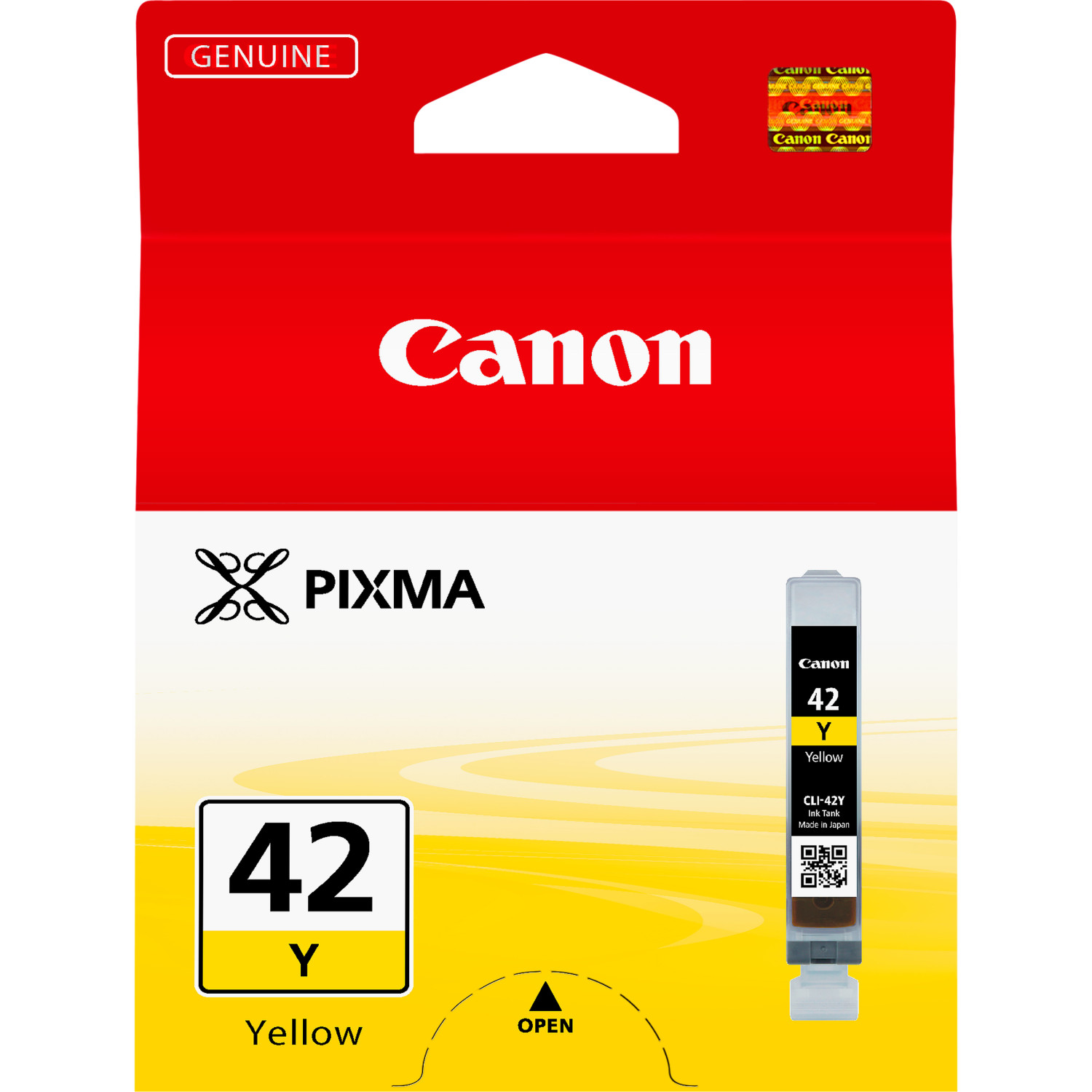 Canon 42 Y gele inktcartridge verpakking, rode en gele kleuren met afbeeldingen.
