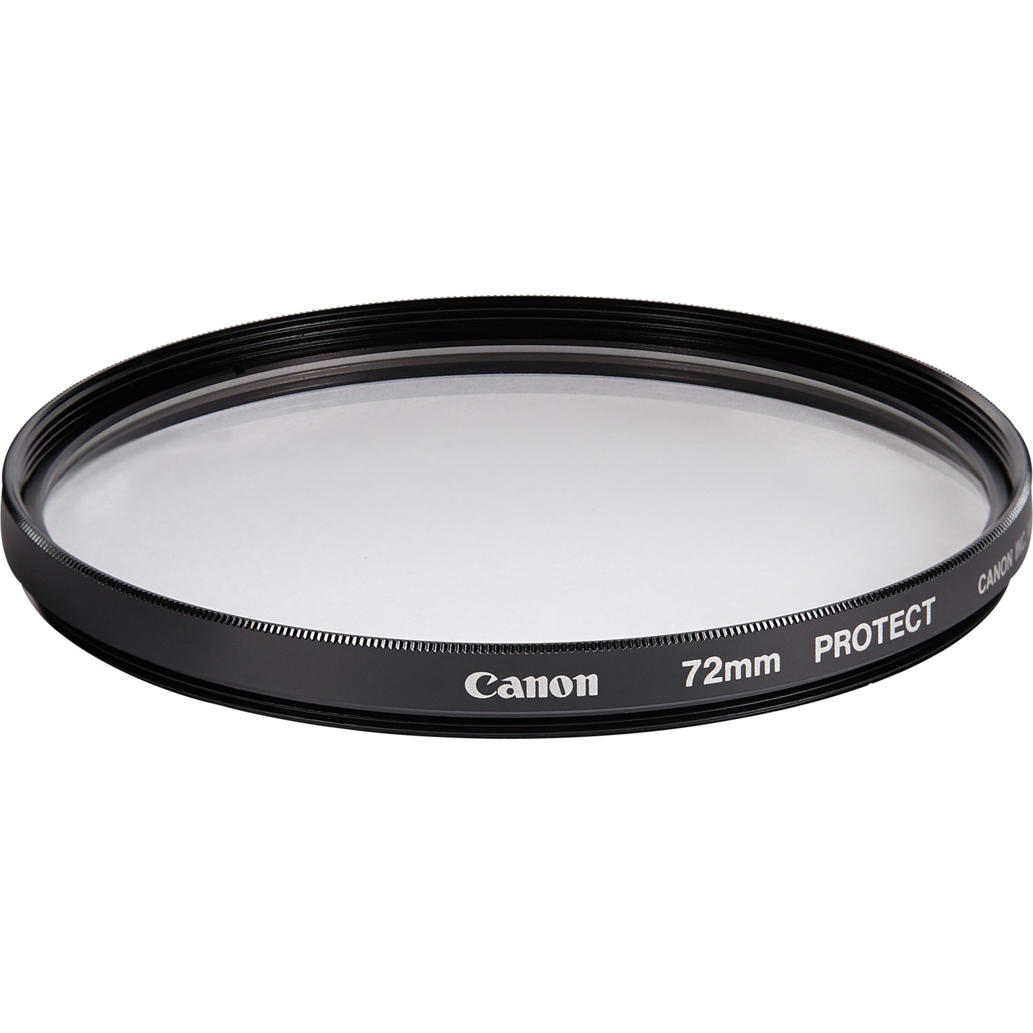 Ein Canon 72mm Schutzfilter. Schwarzer Rand mit Text. Klares Glas. Weißer Hintergrund.