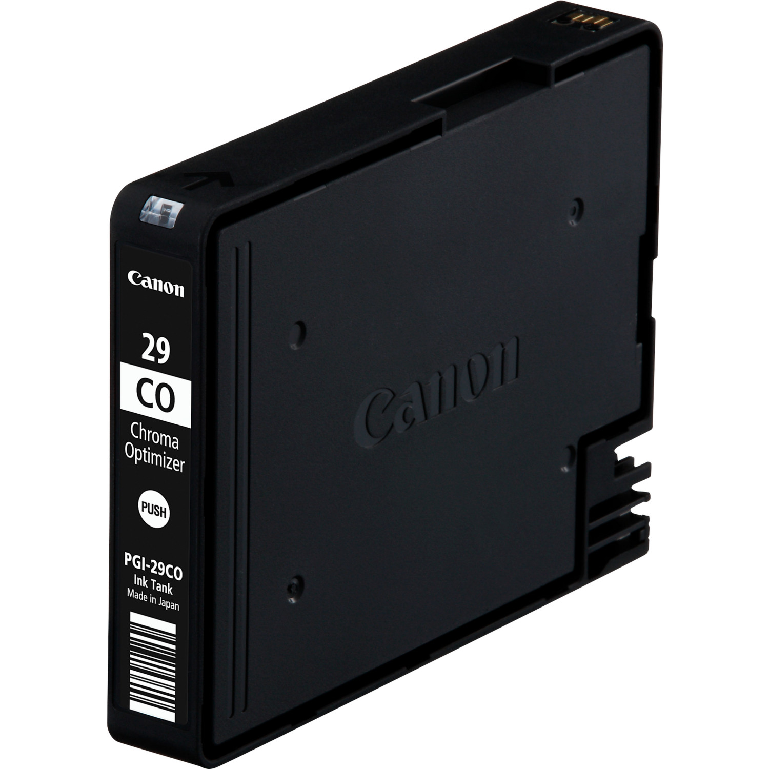 Zwarte Canon PGI-29CO Chroma Optimizer inktcartridge. Gemaakt in Japan. Label aanwezig.