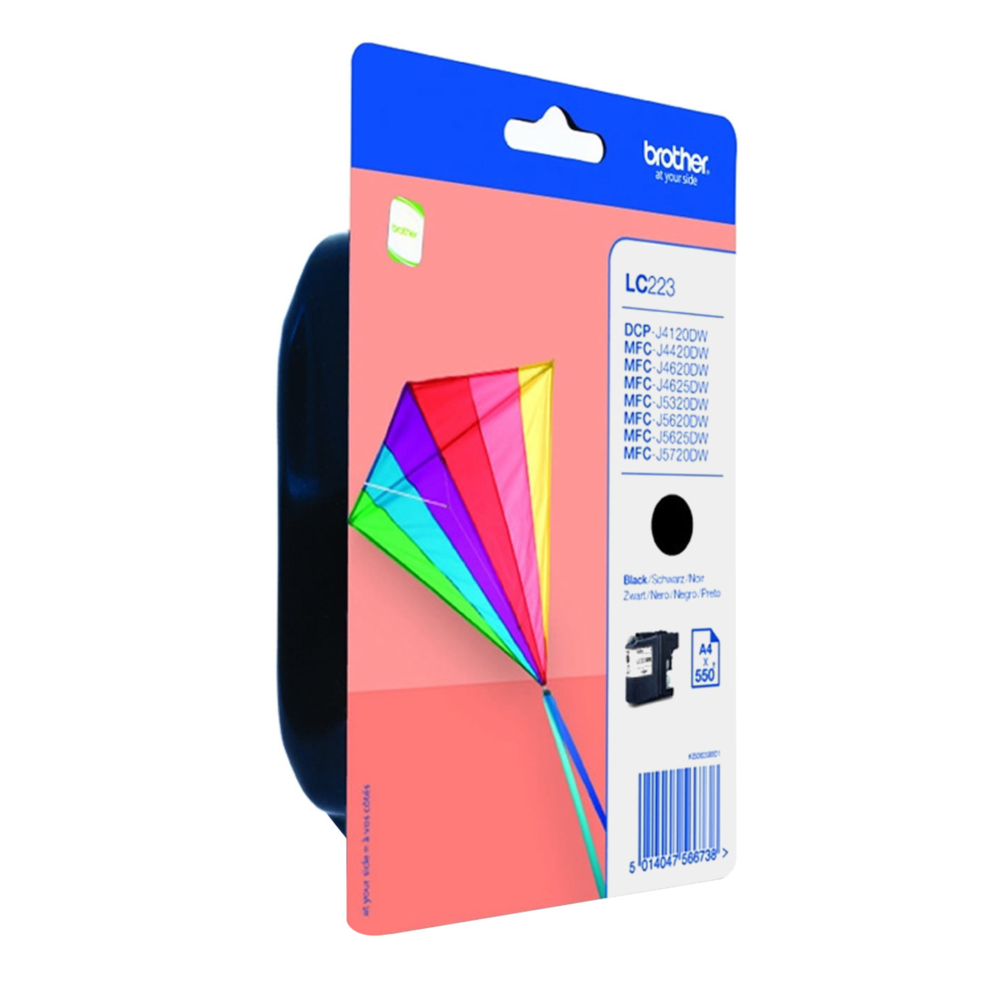 Zestaw kartridży z tuszem Brother LC223. Na przodzie znajduje się rysunkowy latawiec. Białe tło.