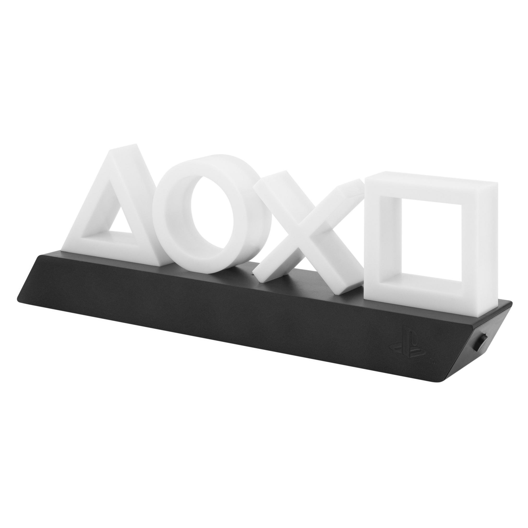 PlayStation-Symbolleuchten: Dreieck, Kreis, X und Quadrat, auf schwarzer Basis montiert.
