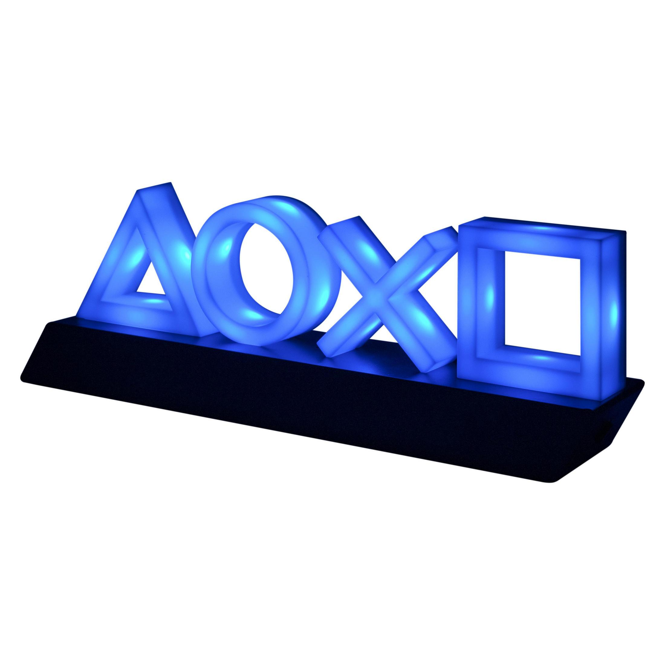Blaues Neonzeichen mit Playstation-Symbolen: Dreieck, Kreis, Kreuz, Quadrat, auf schwarzer Basis.