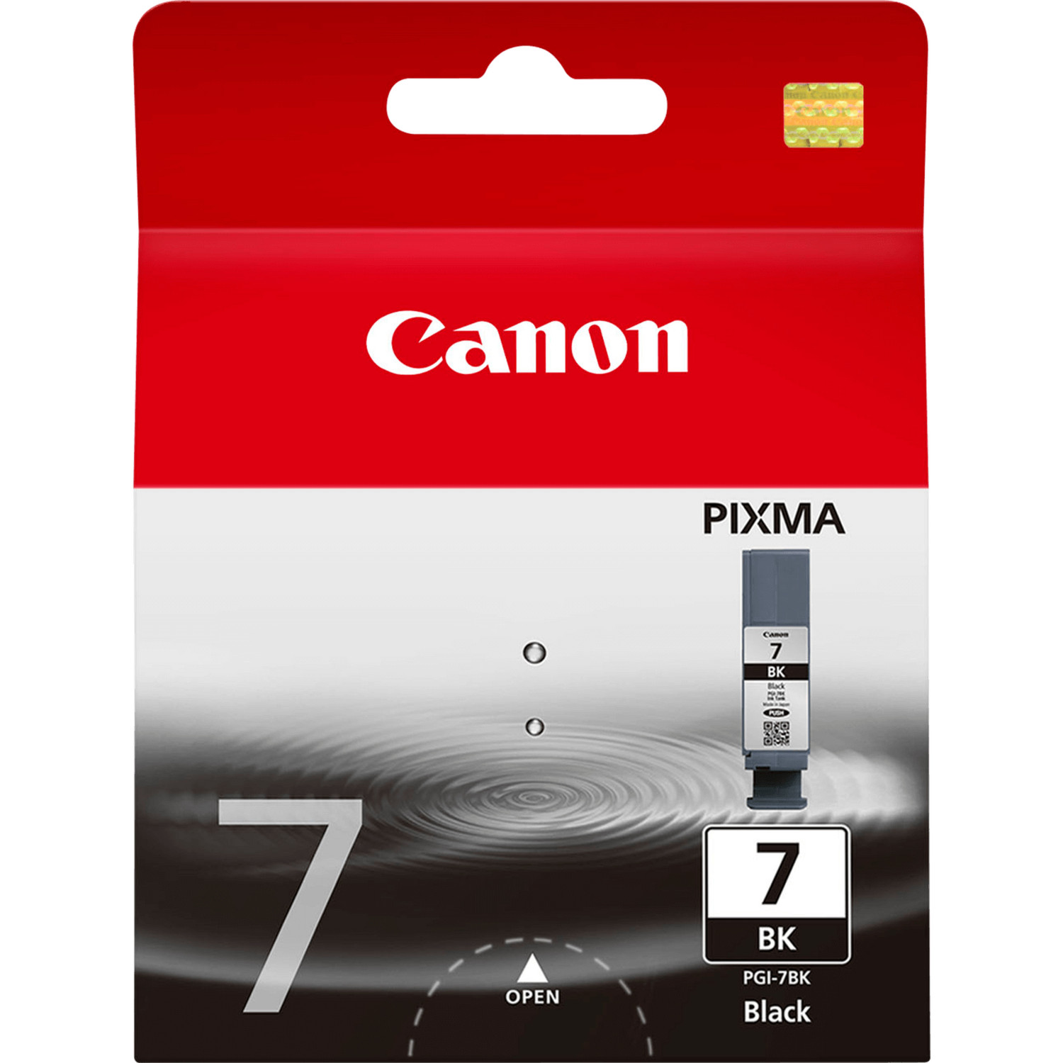 Cartouche d'encre Canon. Encre noire, PGI-7BK. La boîte est rouge et blanche avec le logo Canon.