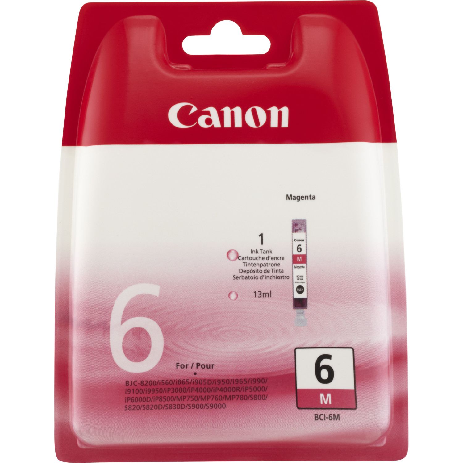 Paquet de cartouche d'encre magenta avec le logo Canon et indicateur de niveau d'encre. Contient '6' d'encre.