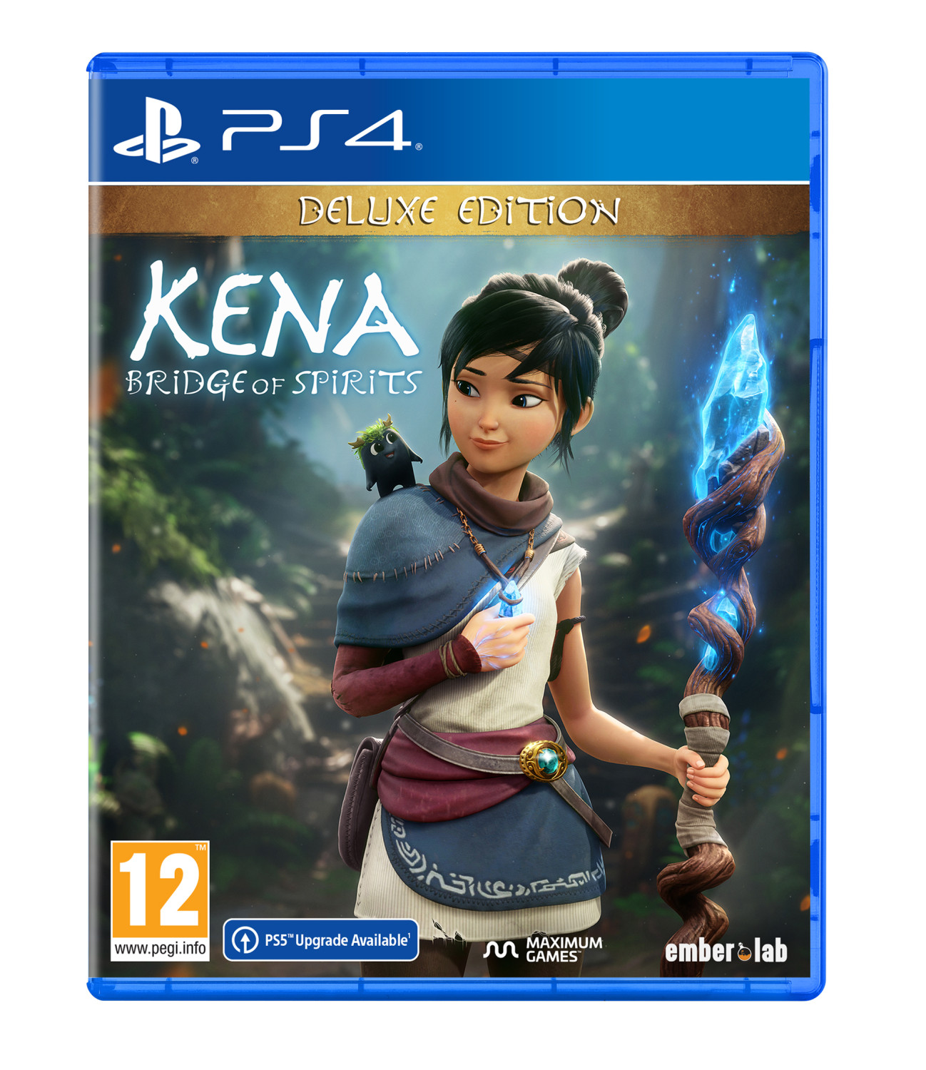 Pudełko gry PS4, 'Kena: Bridge of Spirits Deluxe Edition', z dziewczyną i stworzeniem na okładce.