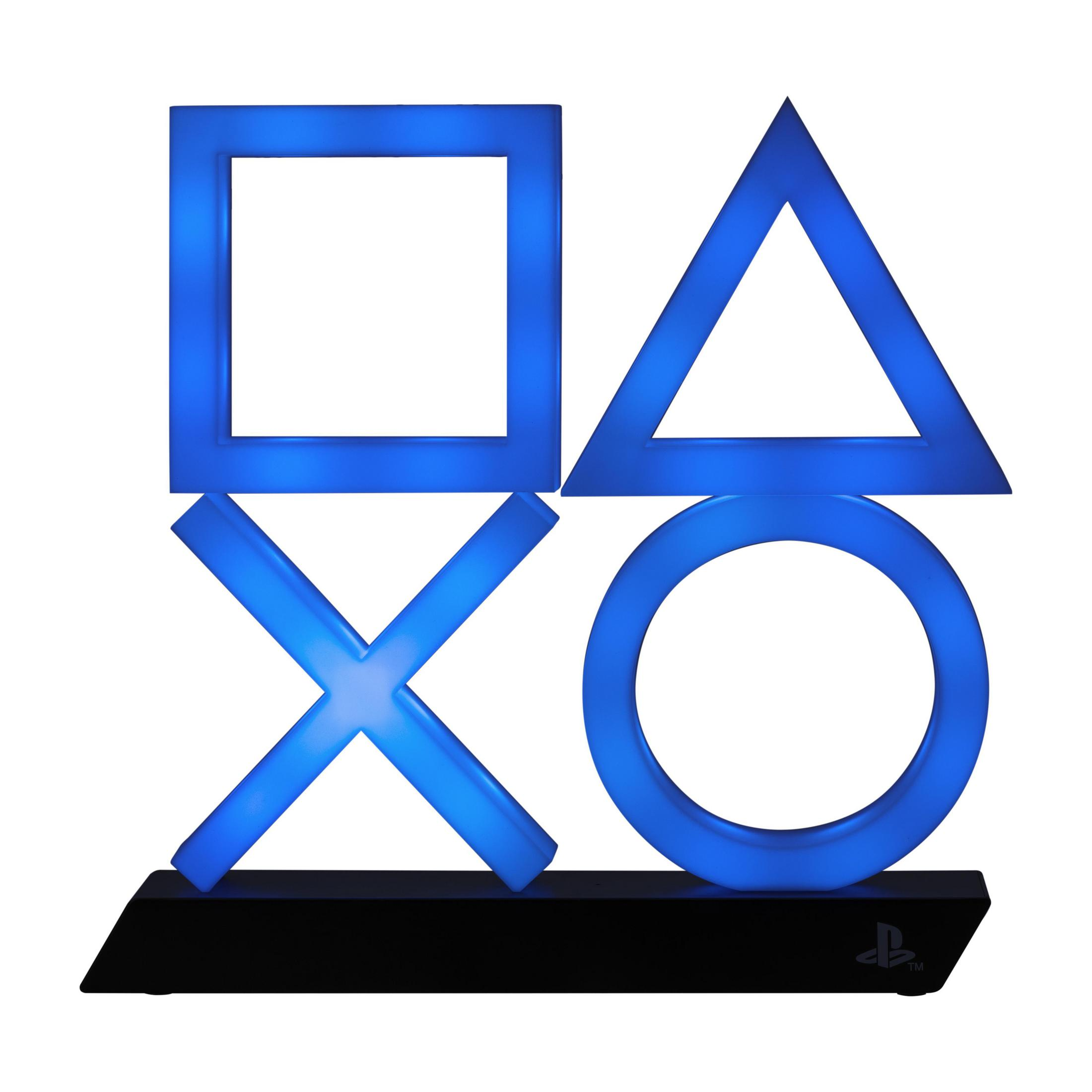 PlayStation-Symbole: Quadrat, Dreieck, Kreuz und Kreis, blau leuchtend auf einem schwarzen Ständer.