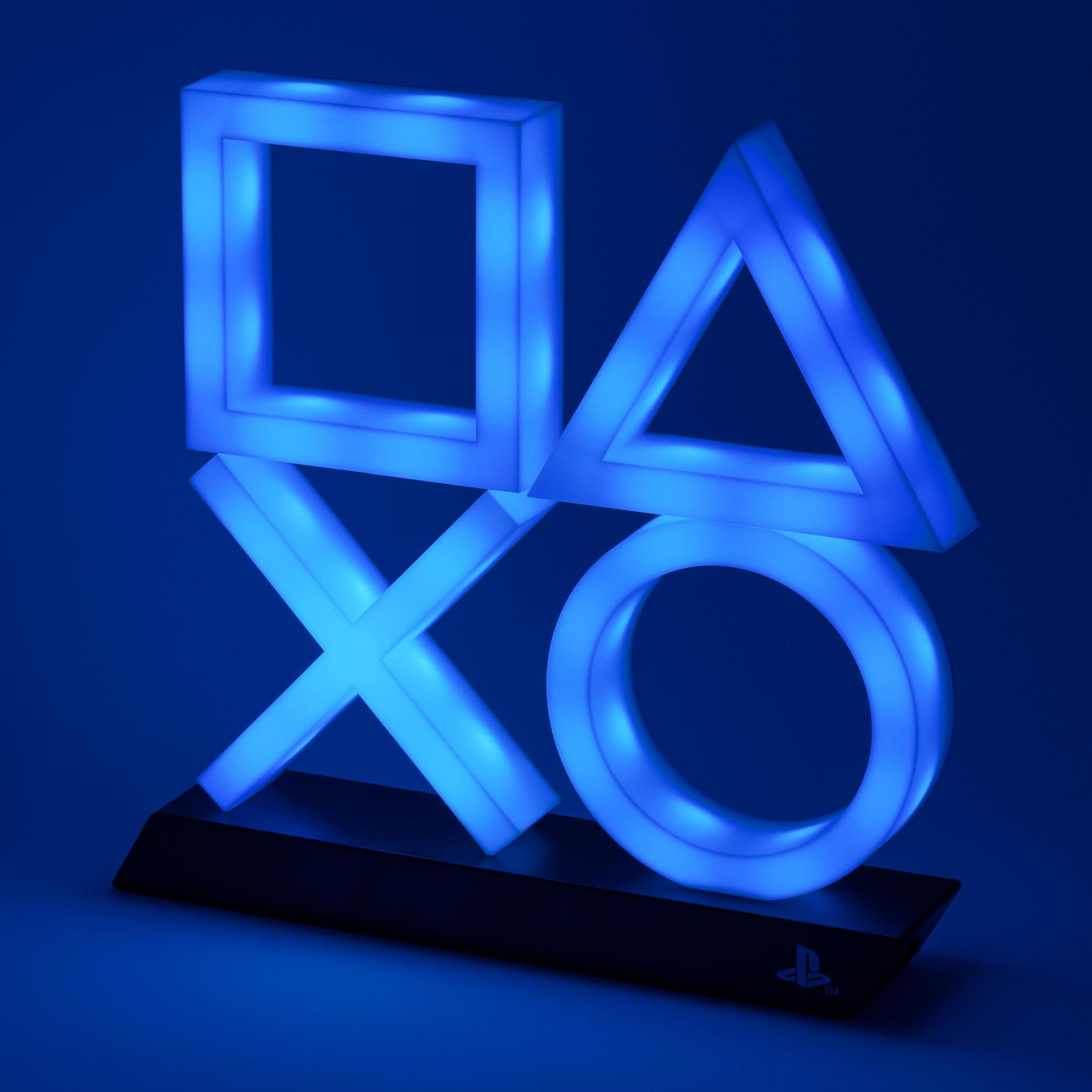Ein beleuchtetes Playstation-Logo mit den Symbolen Quadrat, Dreieck, Kreuz und Kreis.