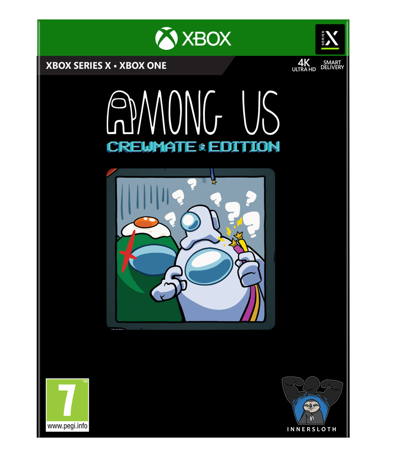 Arte de la caja del juego "Among Us", con el título y personajes.
