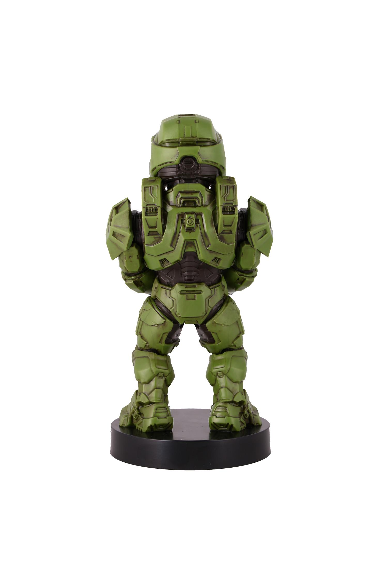 Vista posteriore di una figura verde di Halo Master Chief su base nera, sfondo bianco.