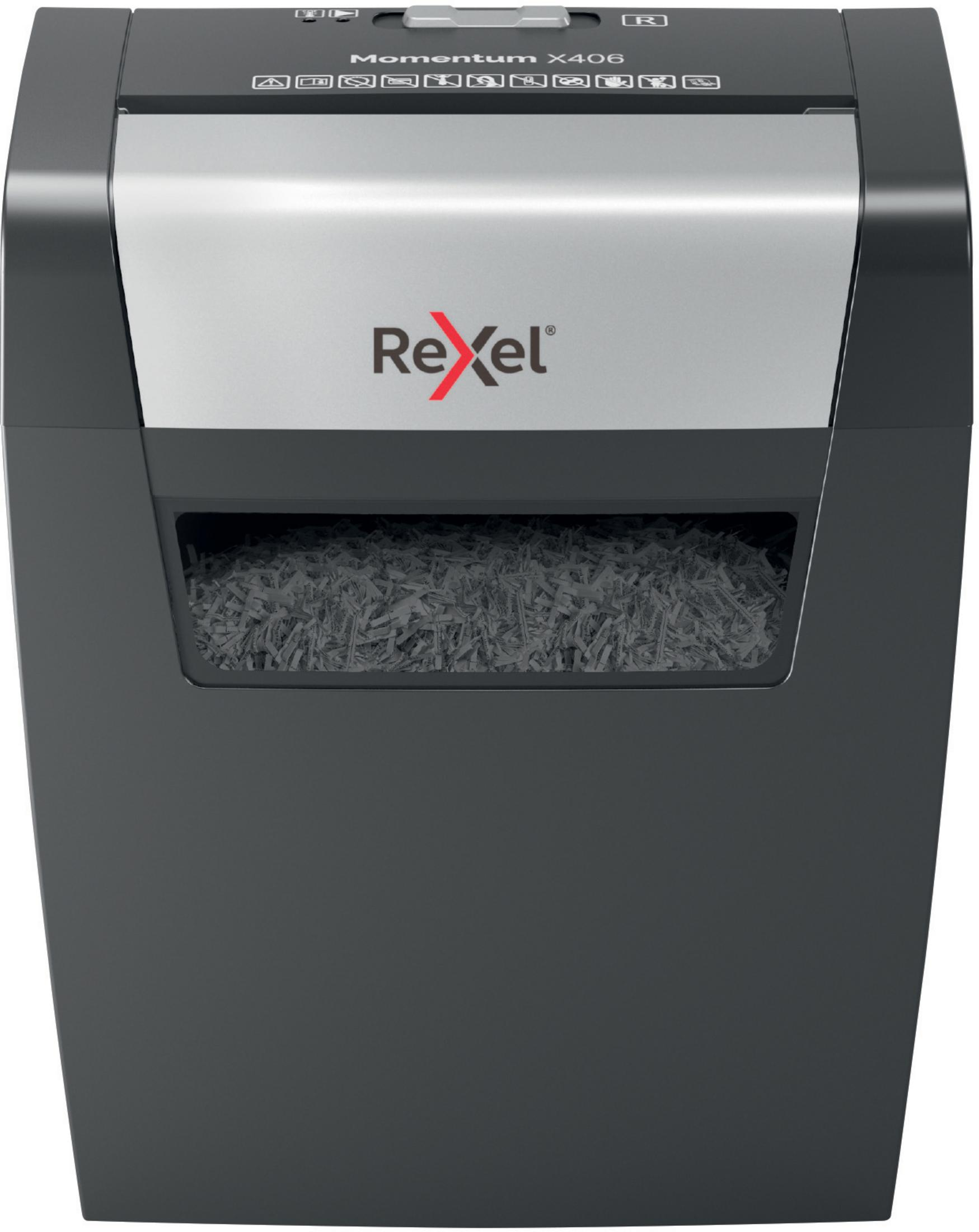 Czarna i srebrna niszczarka papieru z oknem widokowym pokazującym pocięty papier, na białym tle.