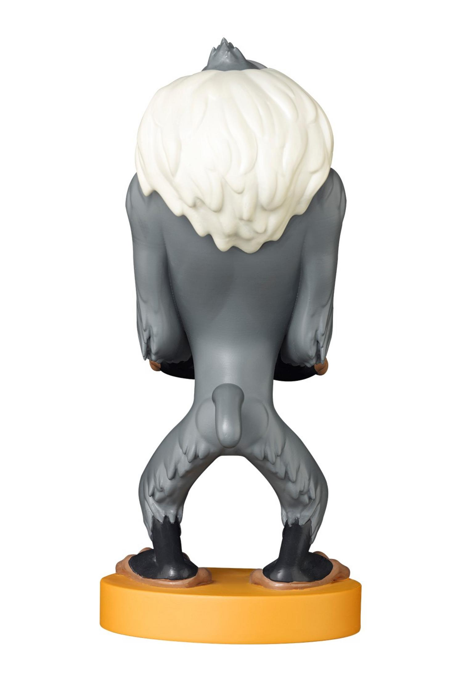 Vista posteriore di una statuina grigia simile a una scimmia con capelli bianchi su base gialla.