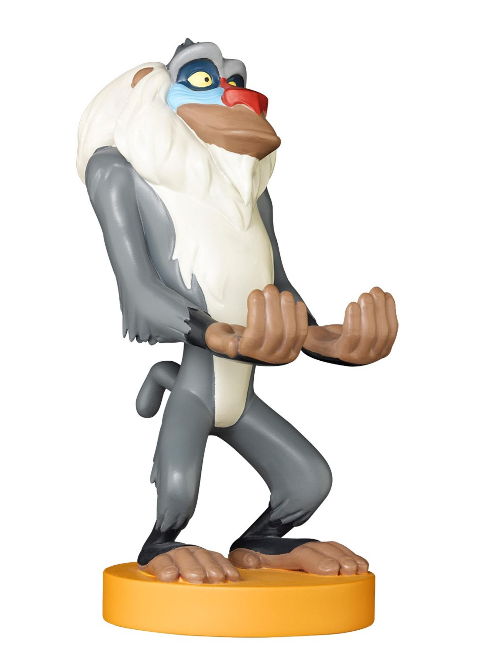 Una statuetta dei cartoni animati di Rafiki che tiene in braccio un bambino Simba. La figura è su una base gialla.