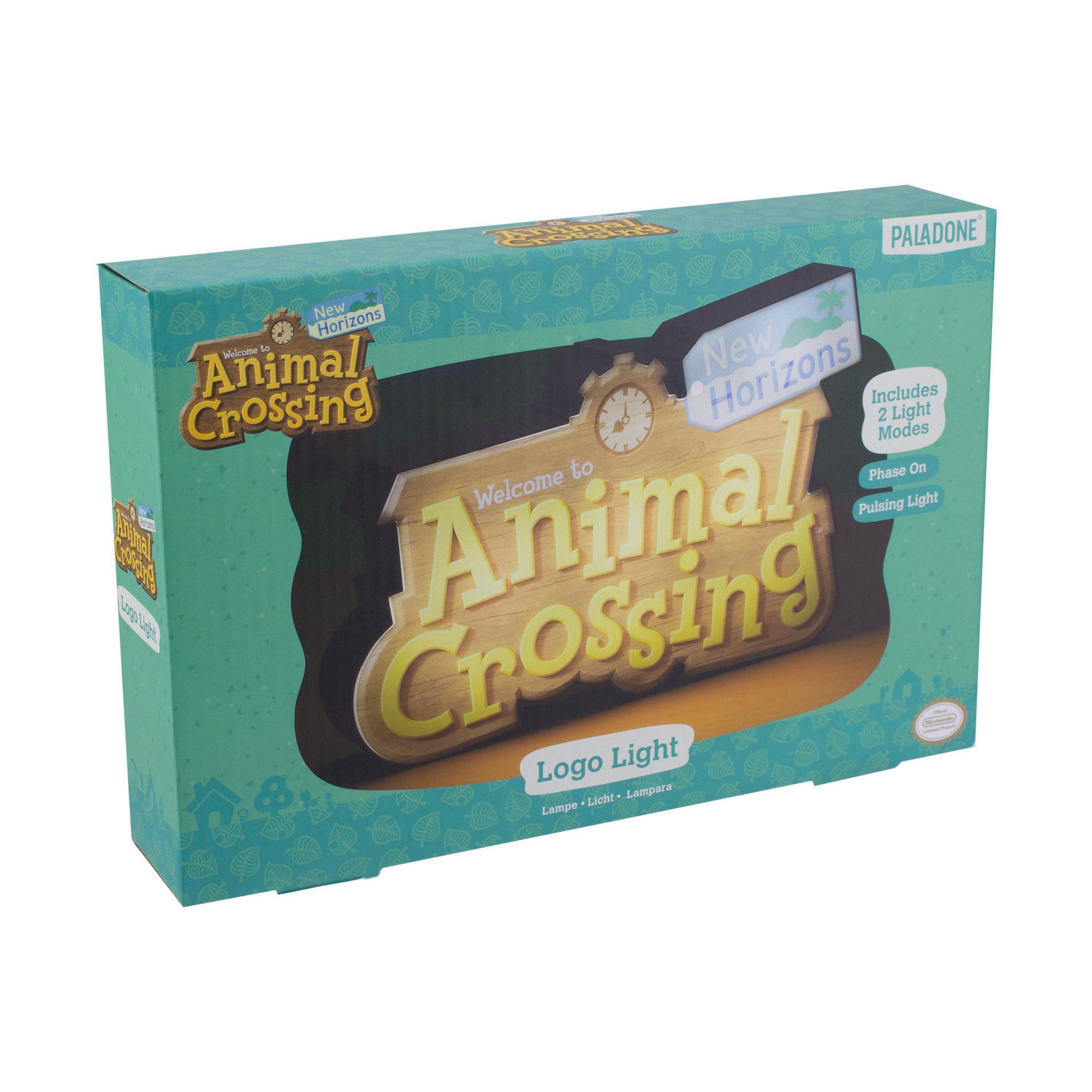 Una scatola del gioco Animal Crossing. La scatola è verde, con il titolo del gioco e una luce del logo.