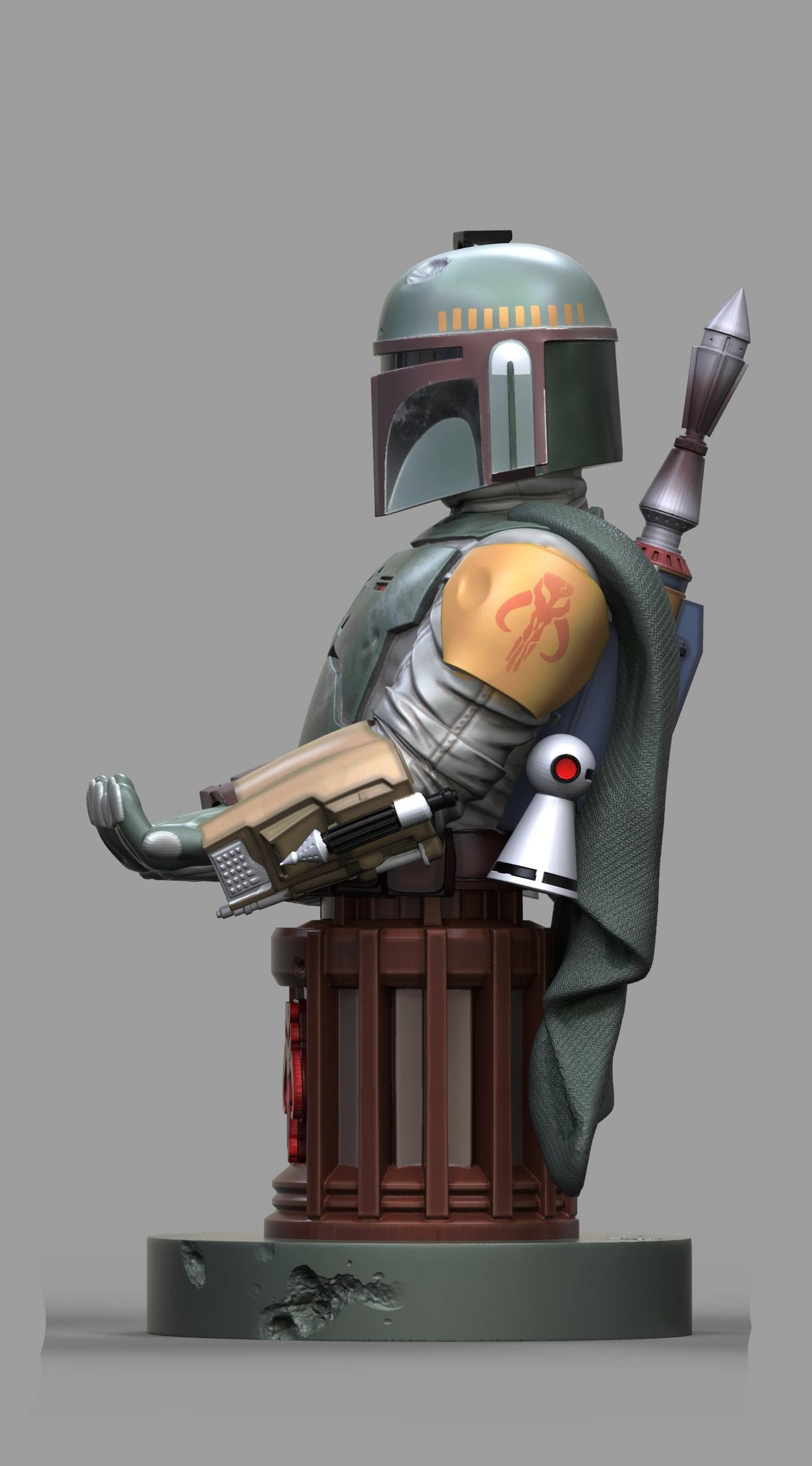 Statua del busto di Boba Fett. La statua è in una vista di profilo laterale su uno sfondo grigio.