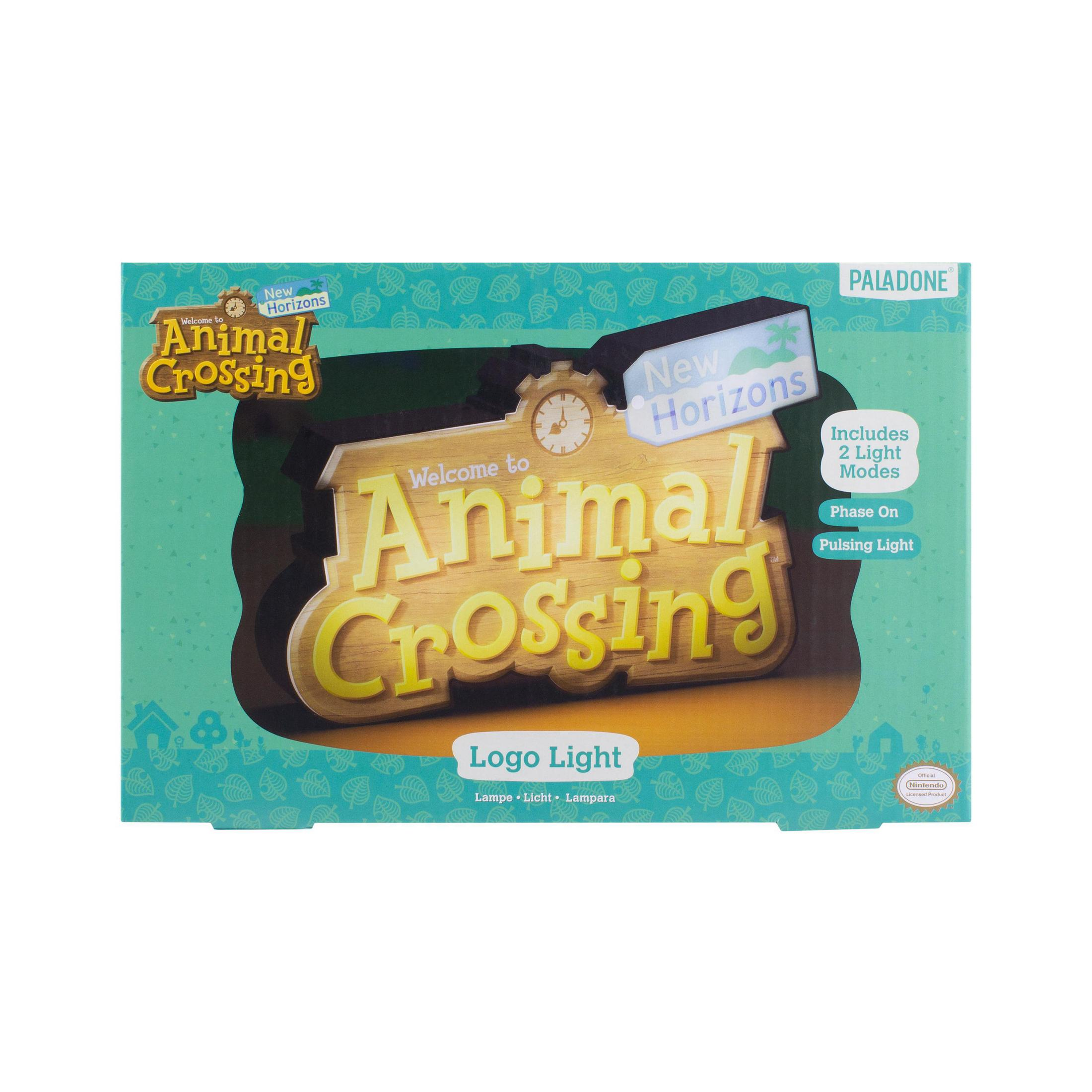 Scatola per Animal Crossing Logo Light. La scatola è verde e presenta il logo del gioco e una luce.