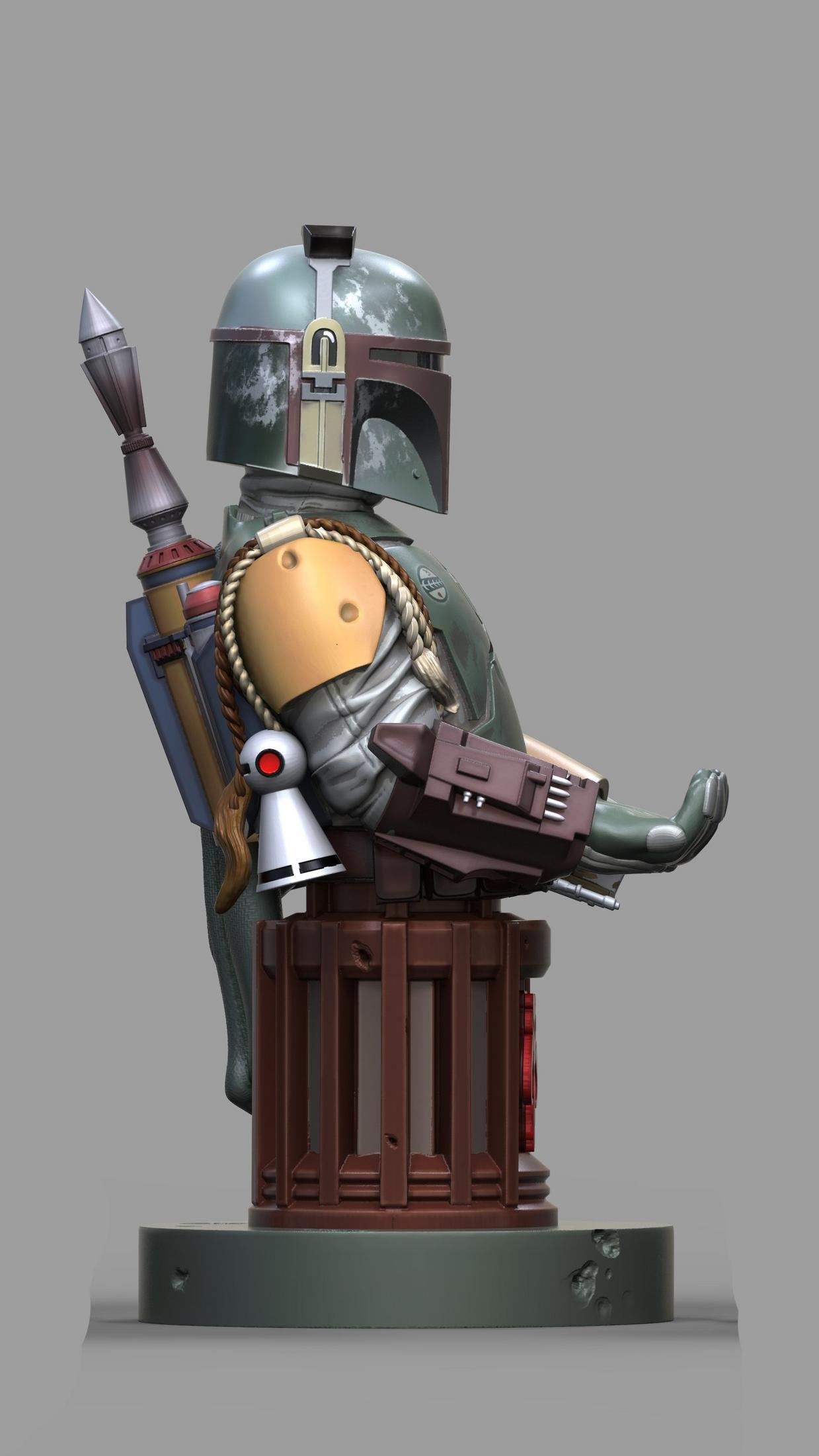 Un busto di Boba Fett di Star Wars. La statua è su una base verde, in una vista di profilo laterale.