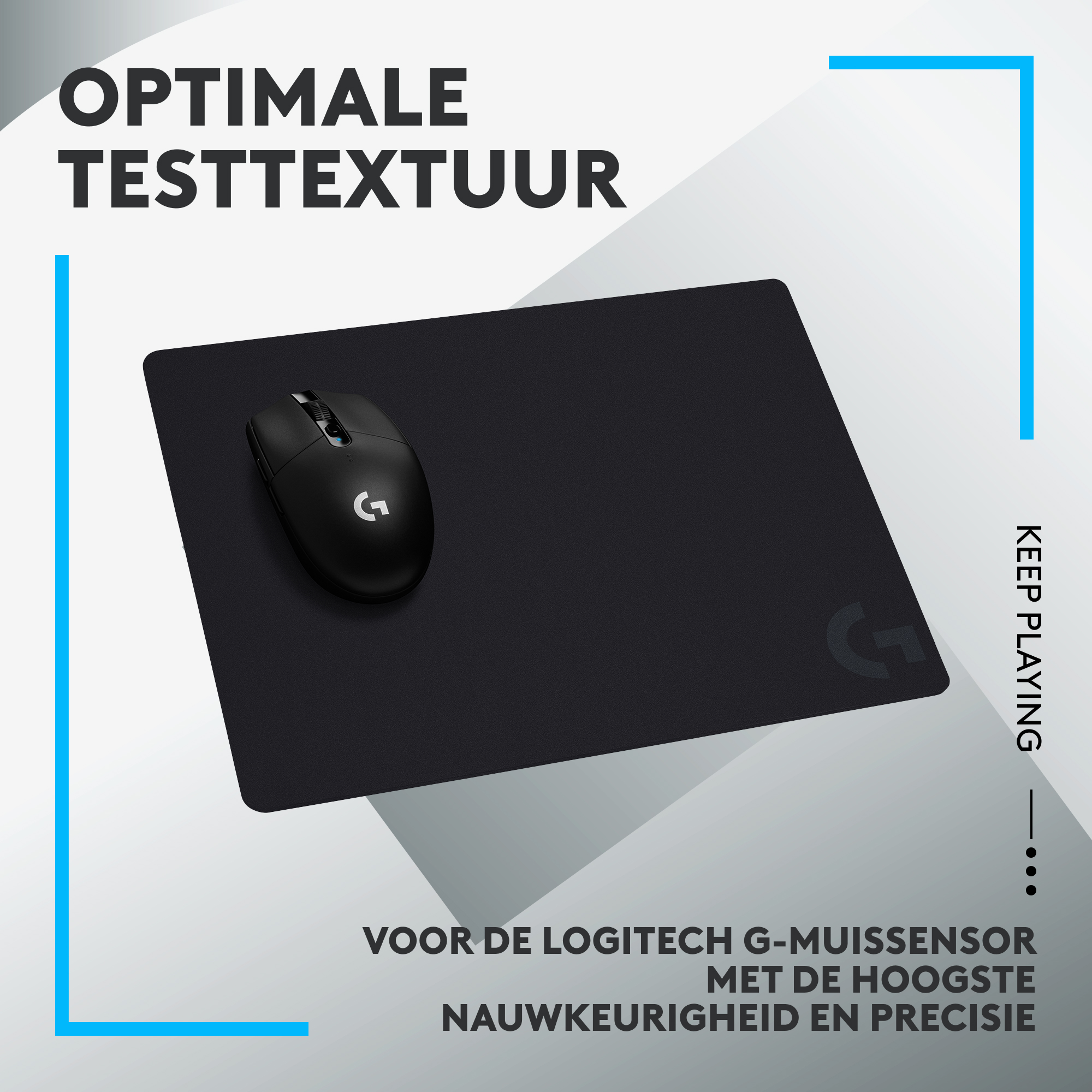 Czarna mysz na czarnej podkładce z logo. Tekst mówi optymalna tekstura testowa, graj dalej.