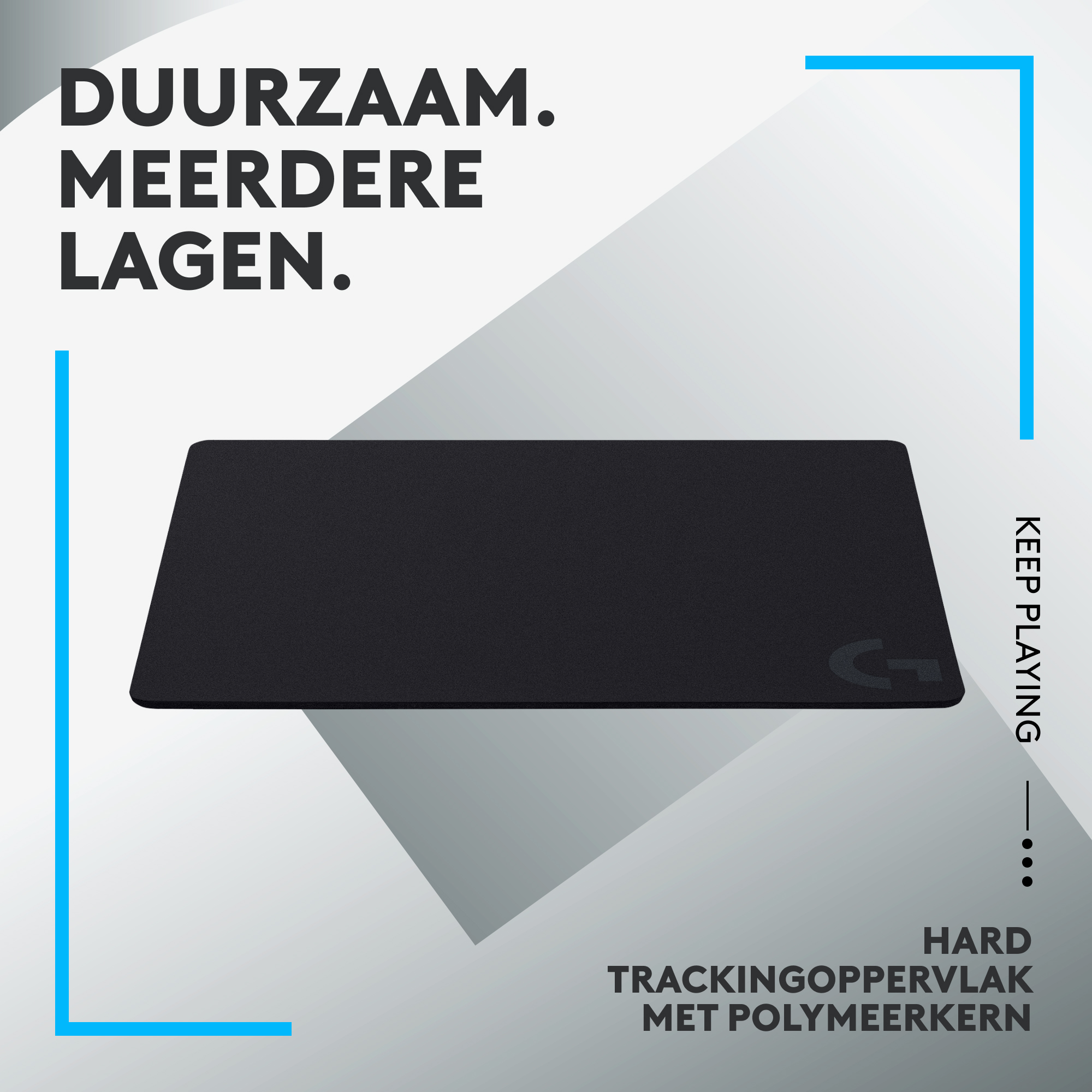 Czarna podkładka pod mysz z logo, tekstem w języku niderlandzkim. Niebieska ramka i tekst.