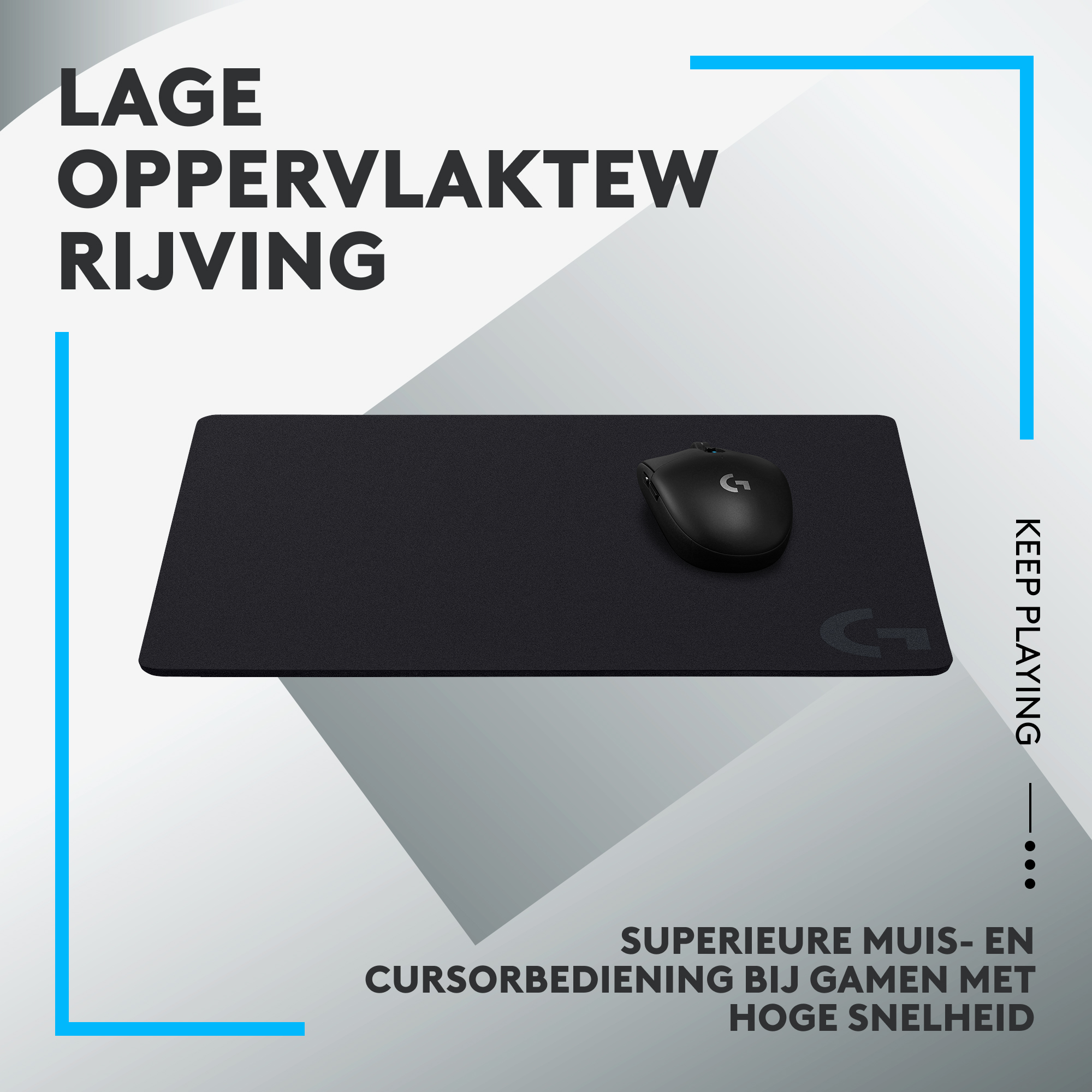 Czarna mysz i podkładka pod mysz z tekstem: Niskie tarcie powierzchni, Doskonała kontrola myszy.