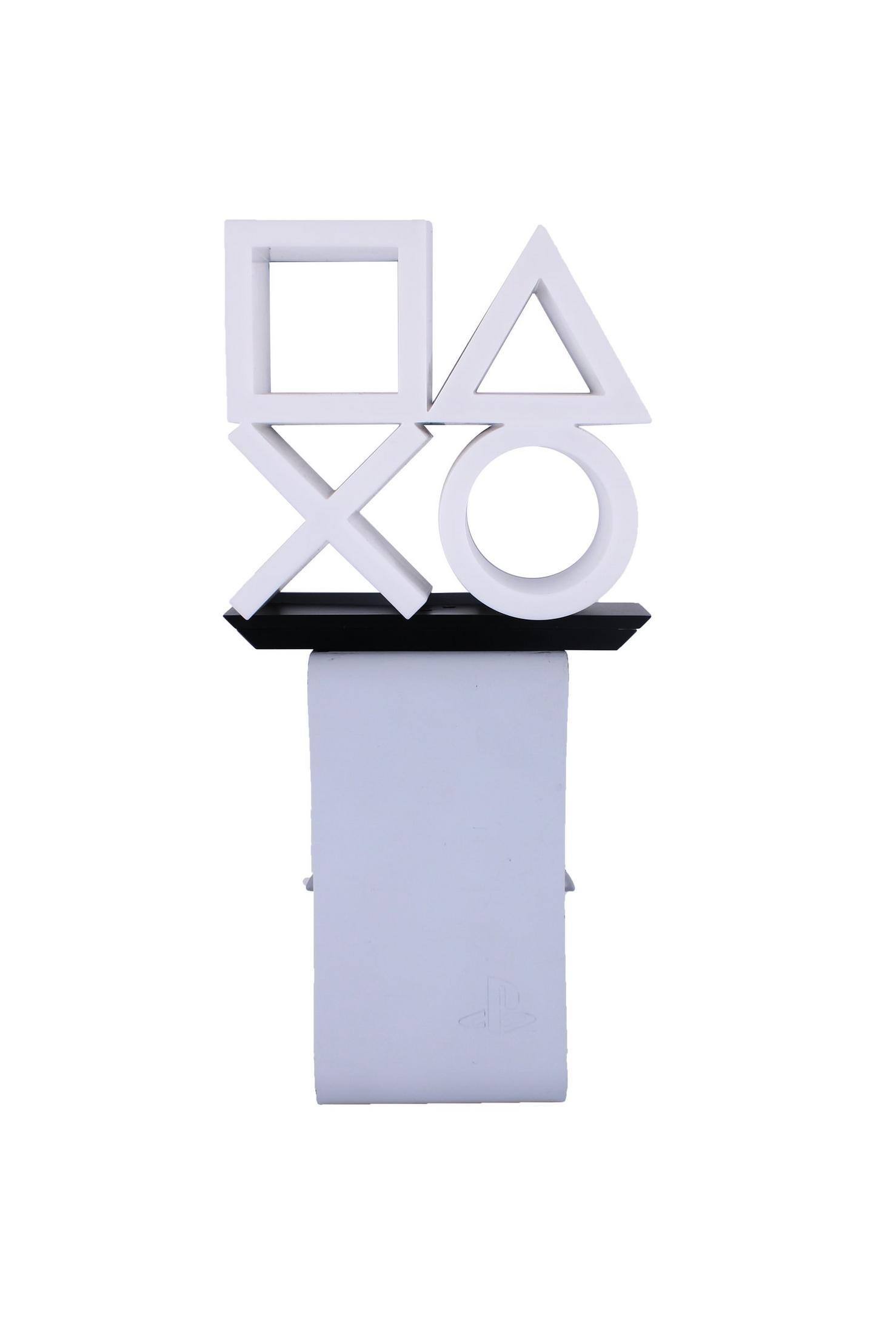 Un simbolo Playstation bianco su un supporto con sfondo bianco.