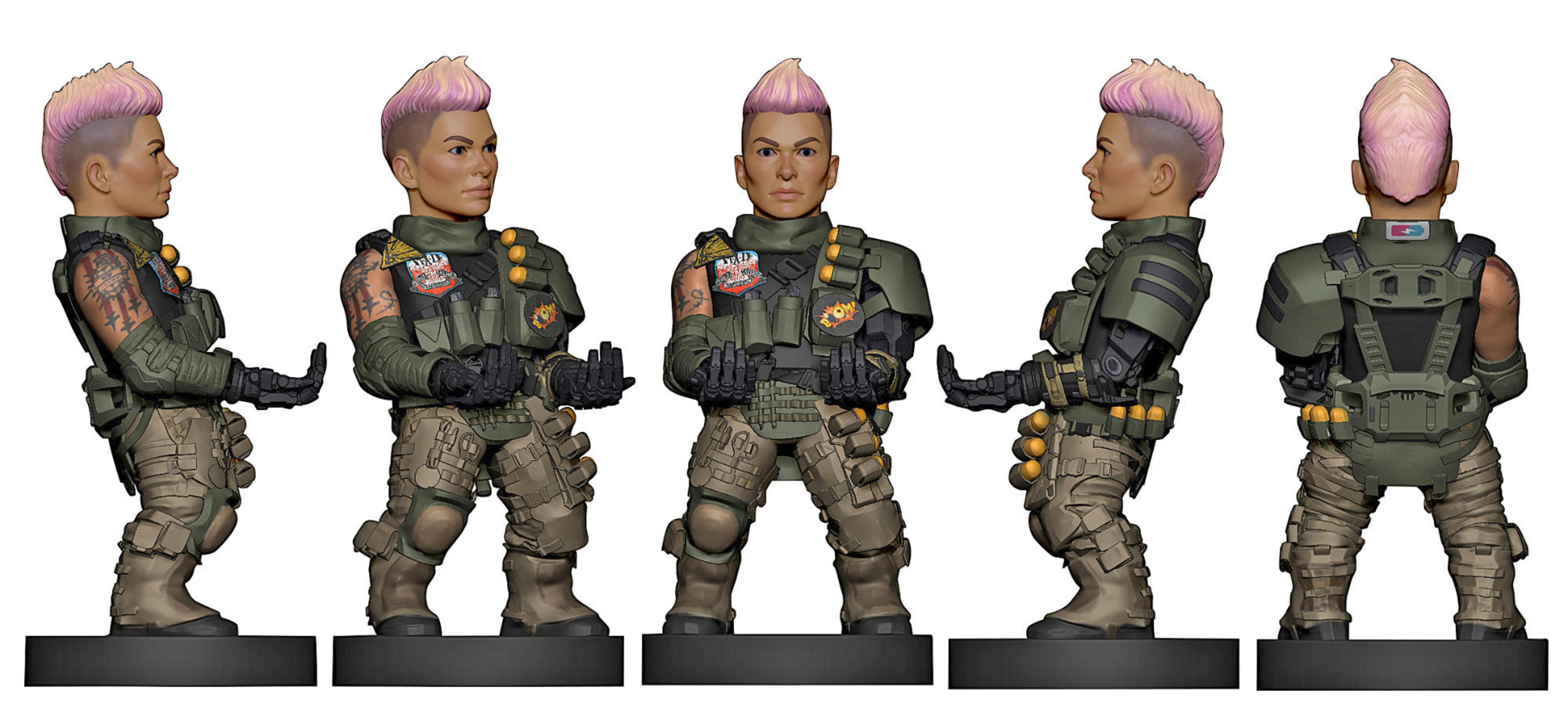 Figurina in miniatura di una donna in uniforme militare, viste multiple che mostrano dettagli e posa.