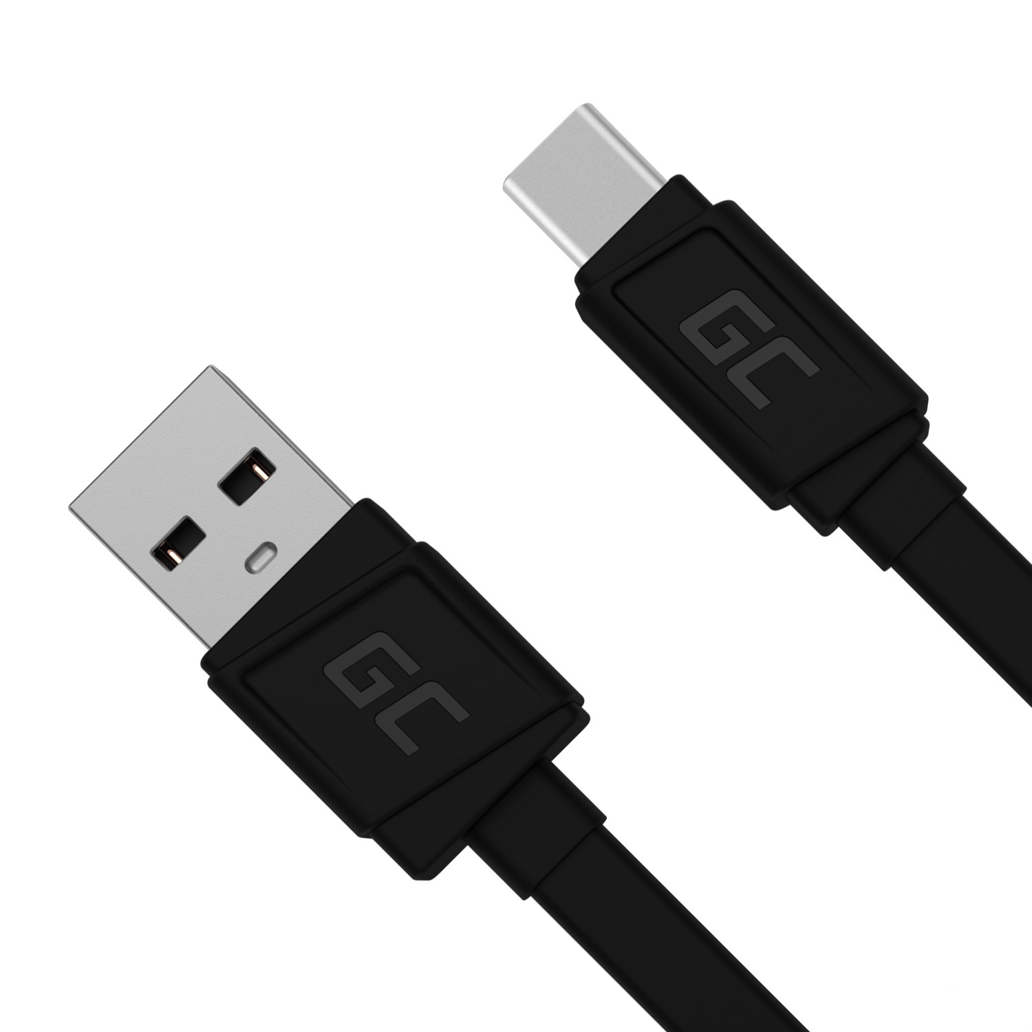Cable de carga negro USB y USB-C. Los conectores tienen el logo GC.