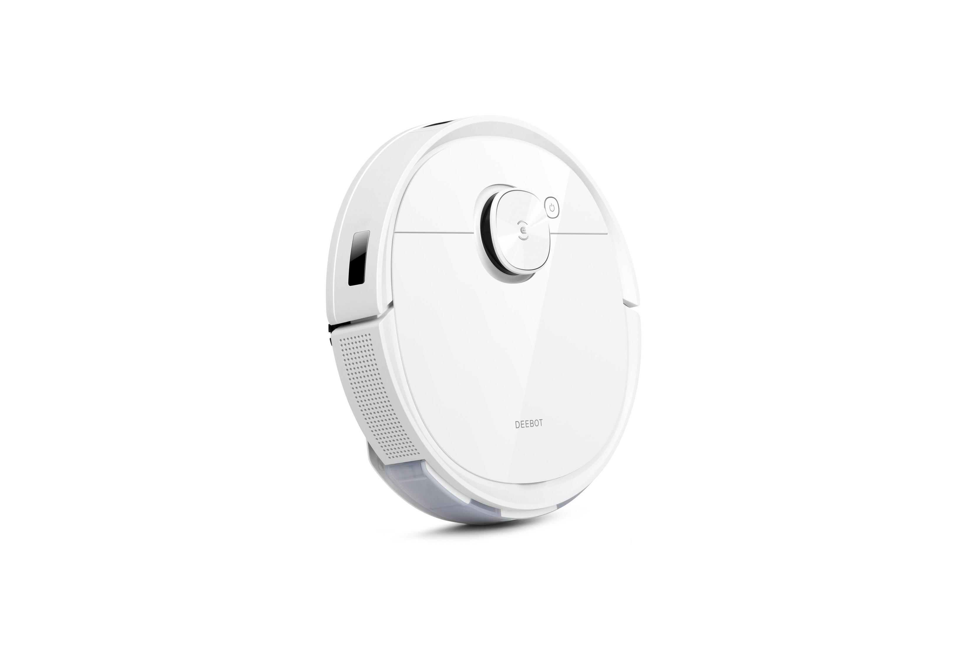 Aspirateur robot blanc avec étiquette DEEBOT sur fond blanc.