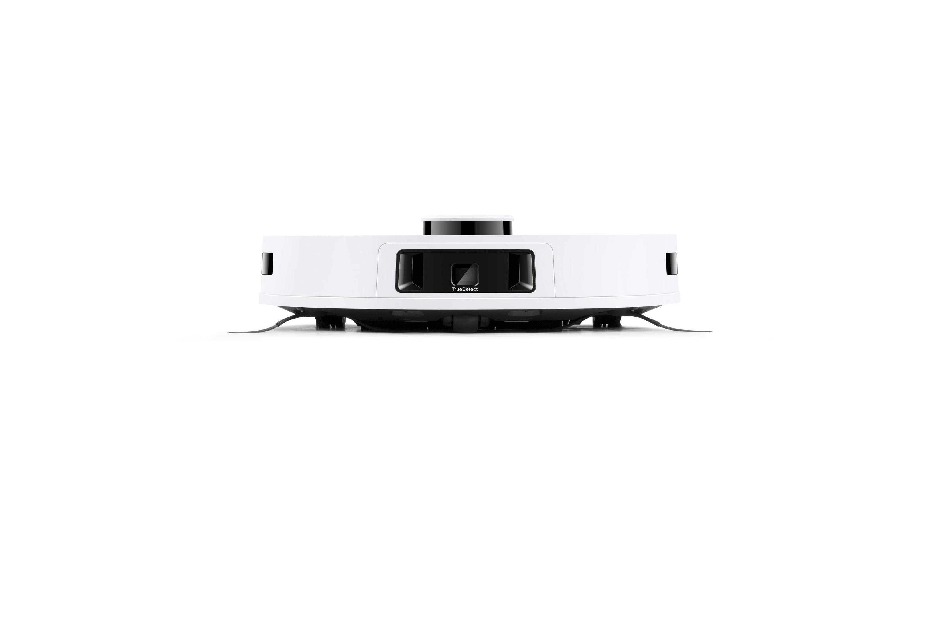 Aspirateur robot blanc sur fond blanc avec deux brosses.