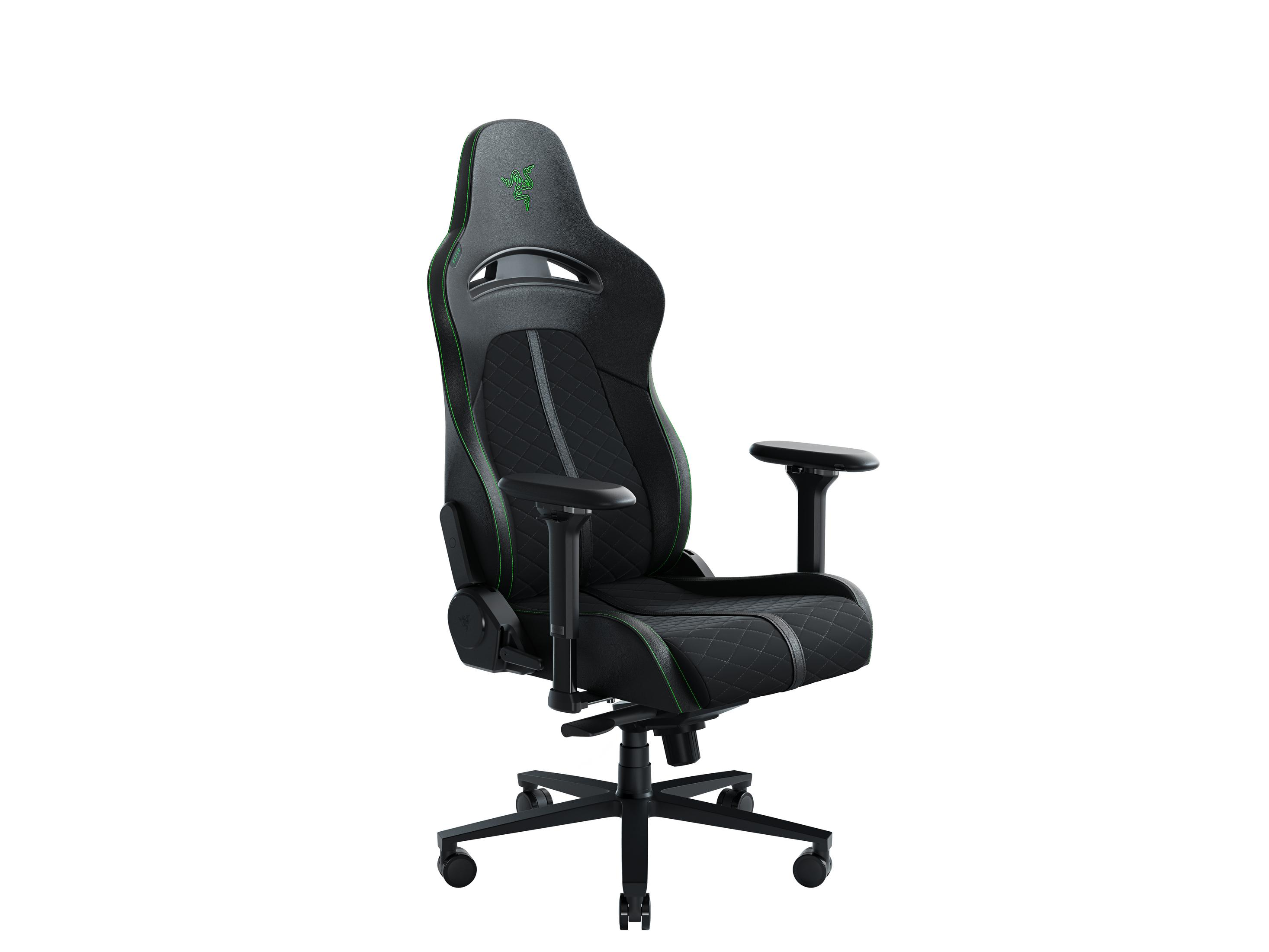Schwarzer Gaming-Stuhl mit grünen Akzenten auf weißem Hintergrund, Seitenansicht.