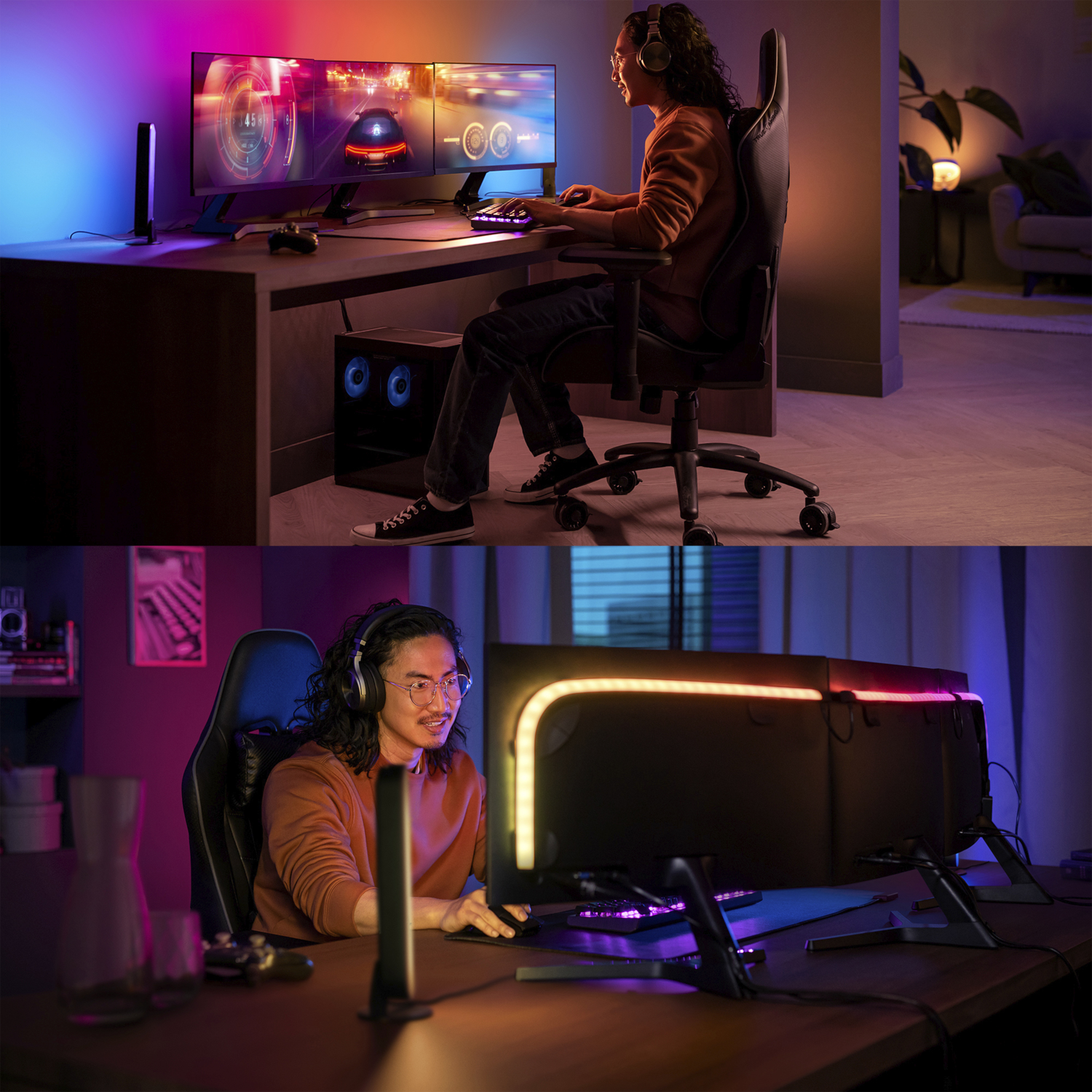 Dwa zdjęcia konfiguracji gracza. Jedno pokazuje osobę grającą. Drugie pokazuje konfigurację z bliska.