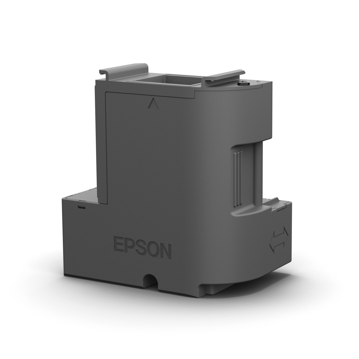 Cartuccia d'inchiostro grigia Epson. Forma rettangolare con logo e indicatori a freccia.
