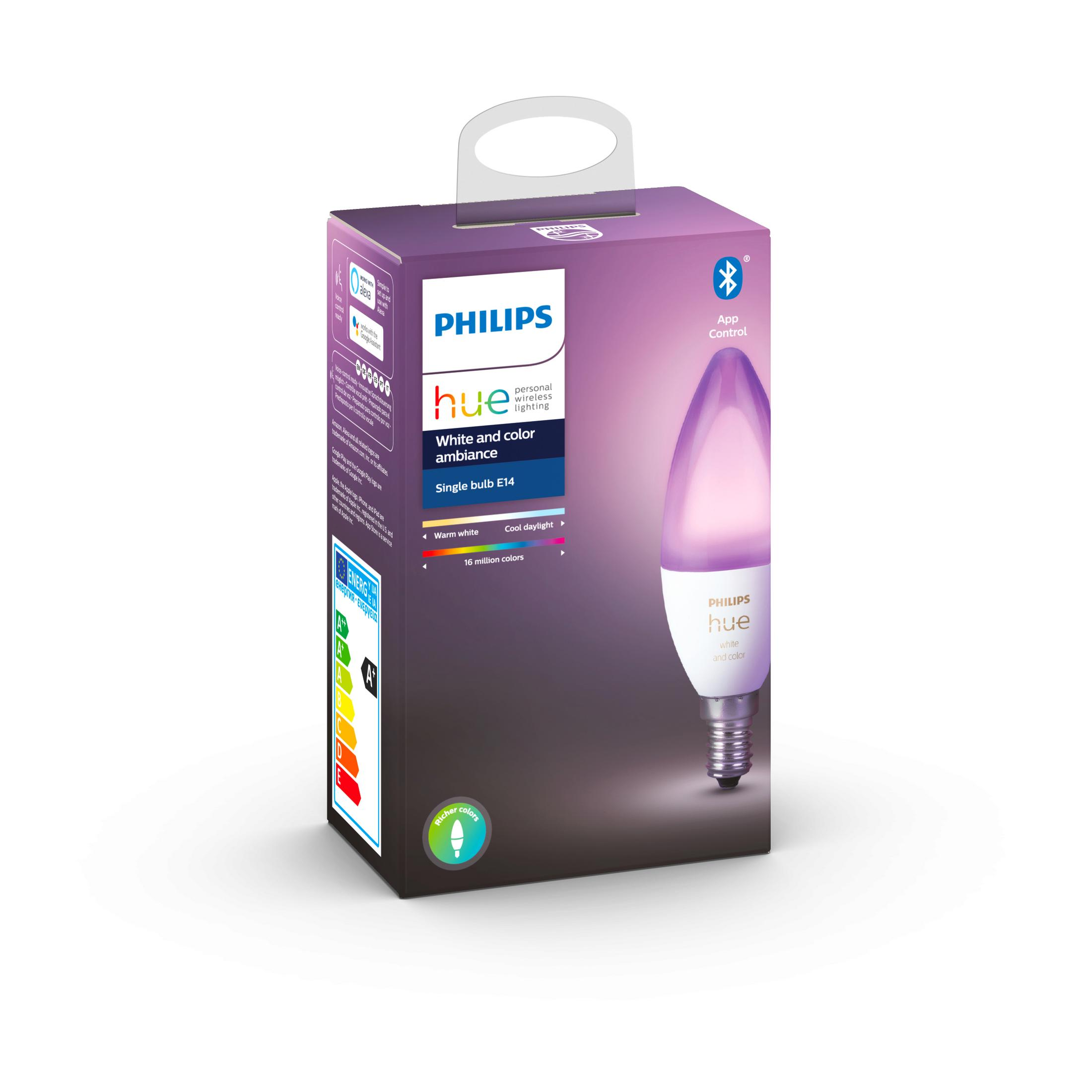 Żarówka Philips Hue w pudełku. Pudełko jest biało-fioletowe, ze światłem fioletowym.