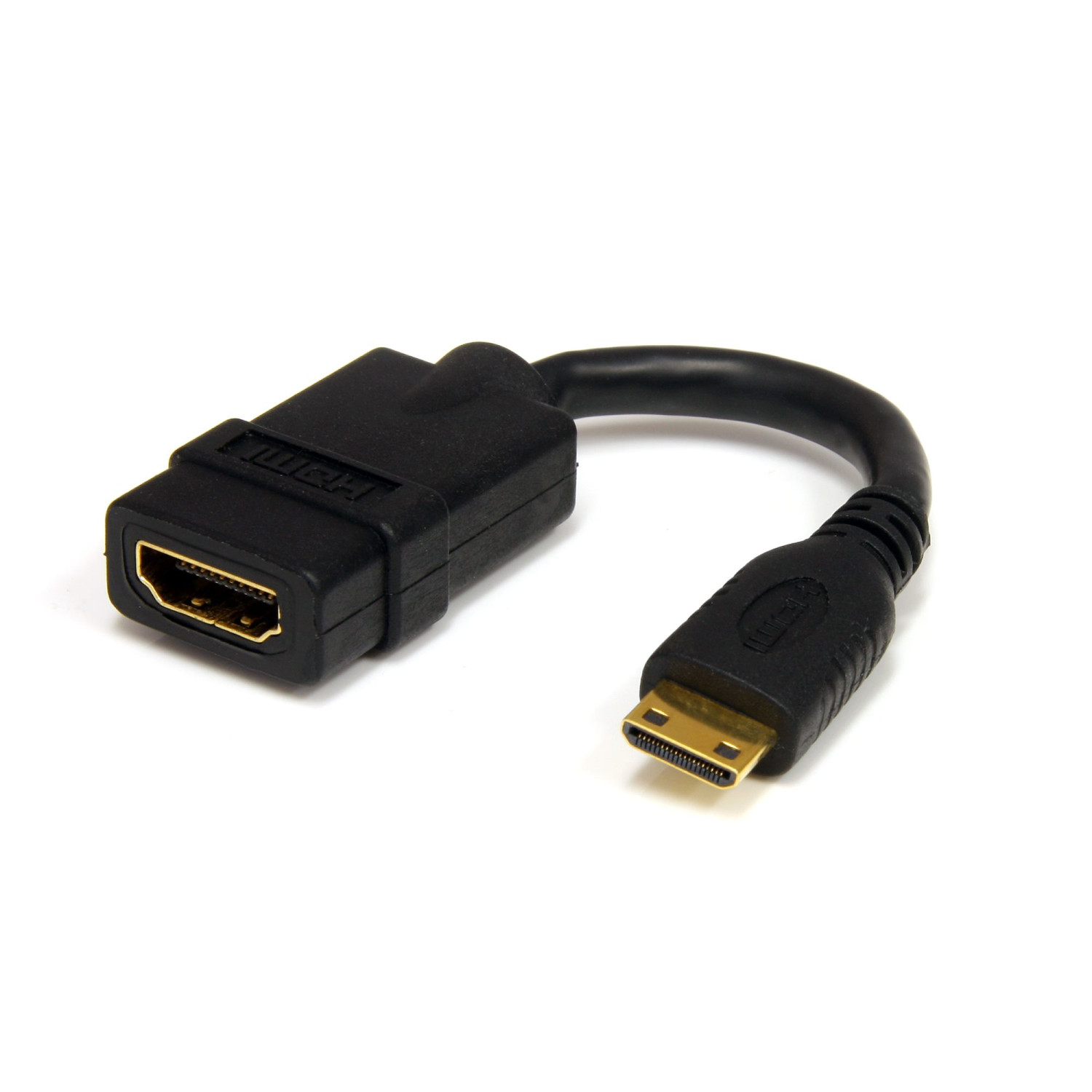 Ein schwarzes HDMI-zu-Micro-HDMI-Adapterkabel auf weißem Hintergrund. Die Anschlüsse sind sichtbar.