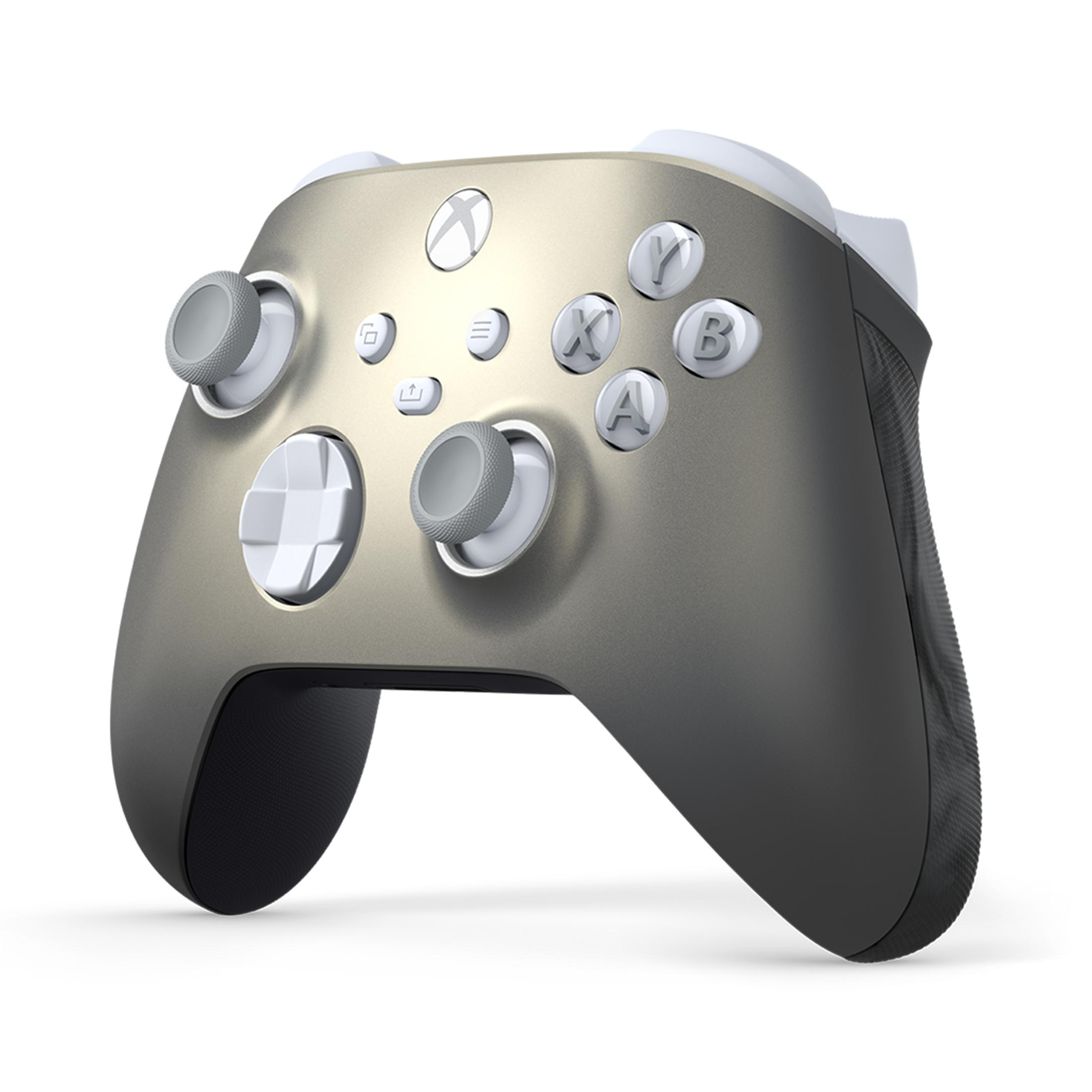 Grauer und weißer Xbox-Controller mit Knöpfen.