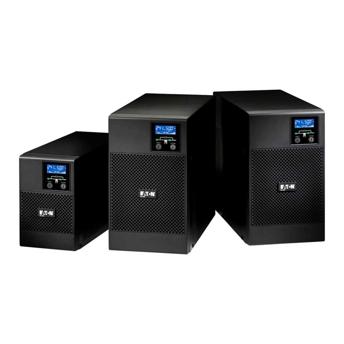 Tres dispositivos Eaton UPS negros con pantallas digitales, dispuestos de izquierda a derecha.