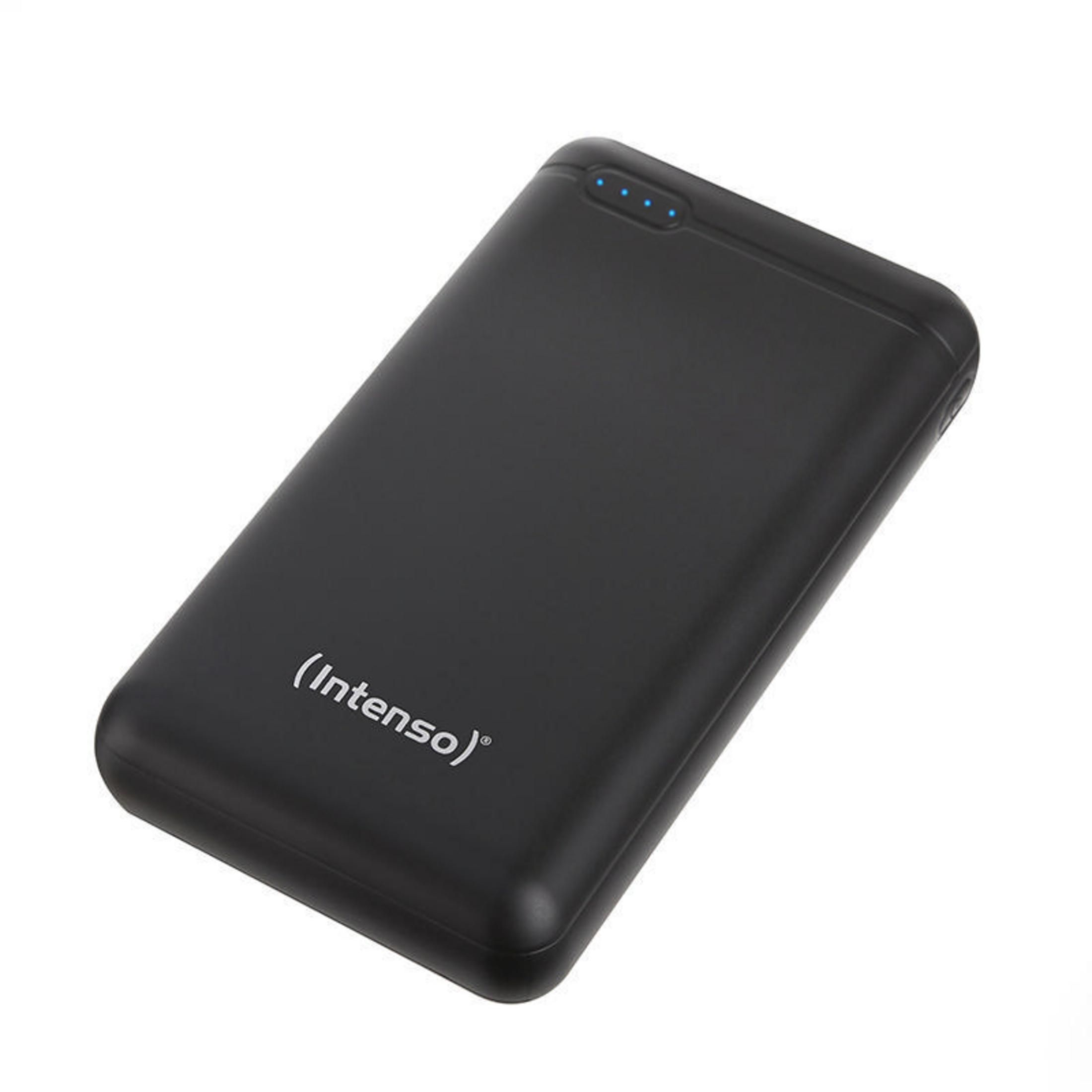 Schwarze Intenso Powerbank, schlichtes Design. Der Markenname ist sichtbar.