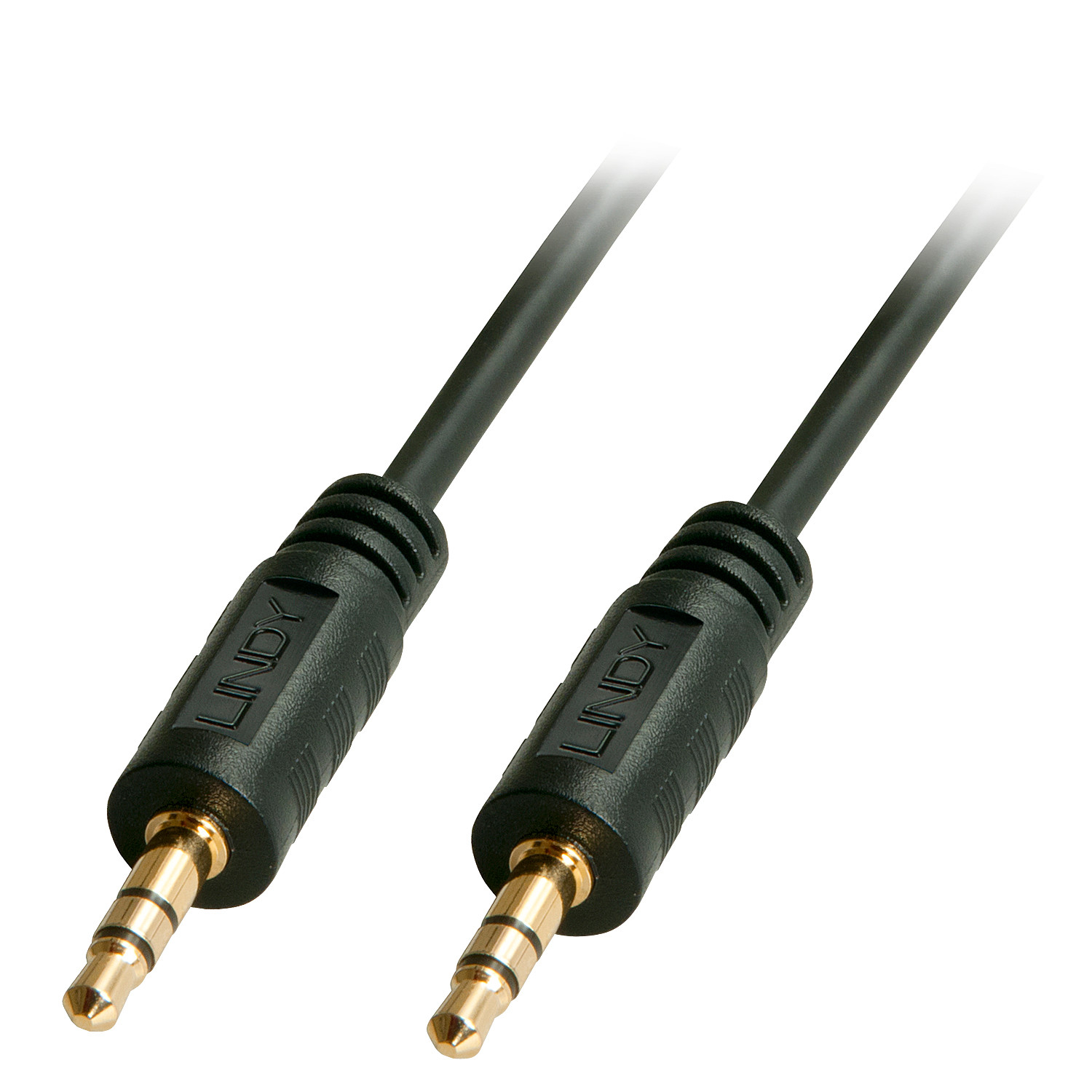 Cavo audio nero con connettori dorati, sfondo bianco.