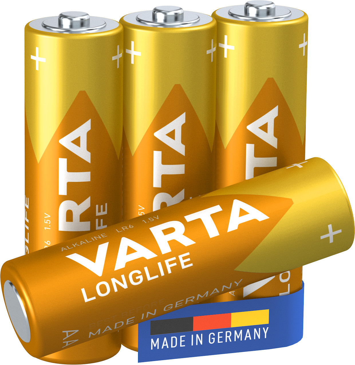 Three golden Varta AA batteries, one lying down, with the Made in Germany sticker.