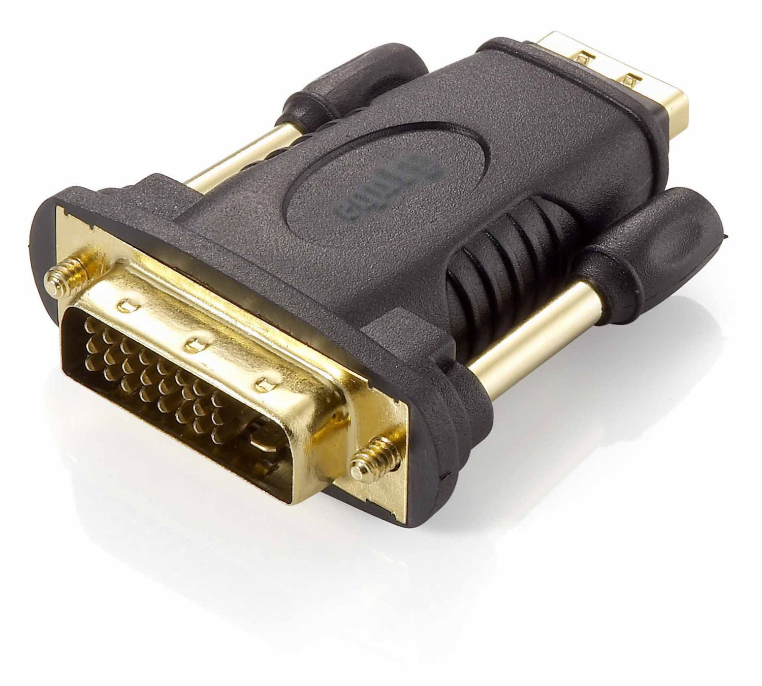 Schwarzer und goldener DVI-zu-HDMI-Adapter. Er hat Anschlüsse an beiden Enden.