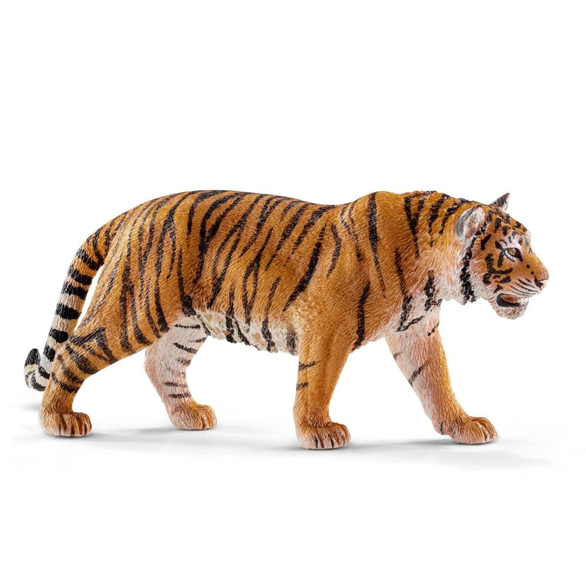 Tigerfigur, die nach links geht, orange mit schwarzen Streifen, weißer Hintergrund.